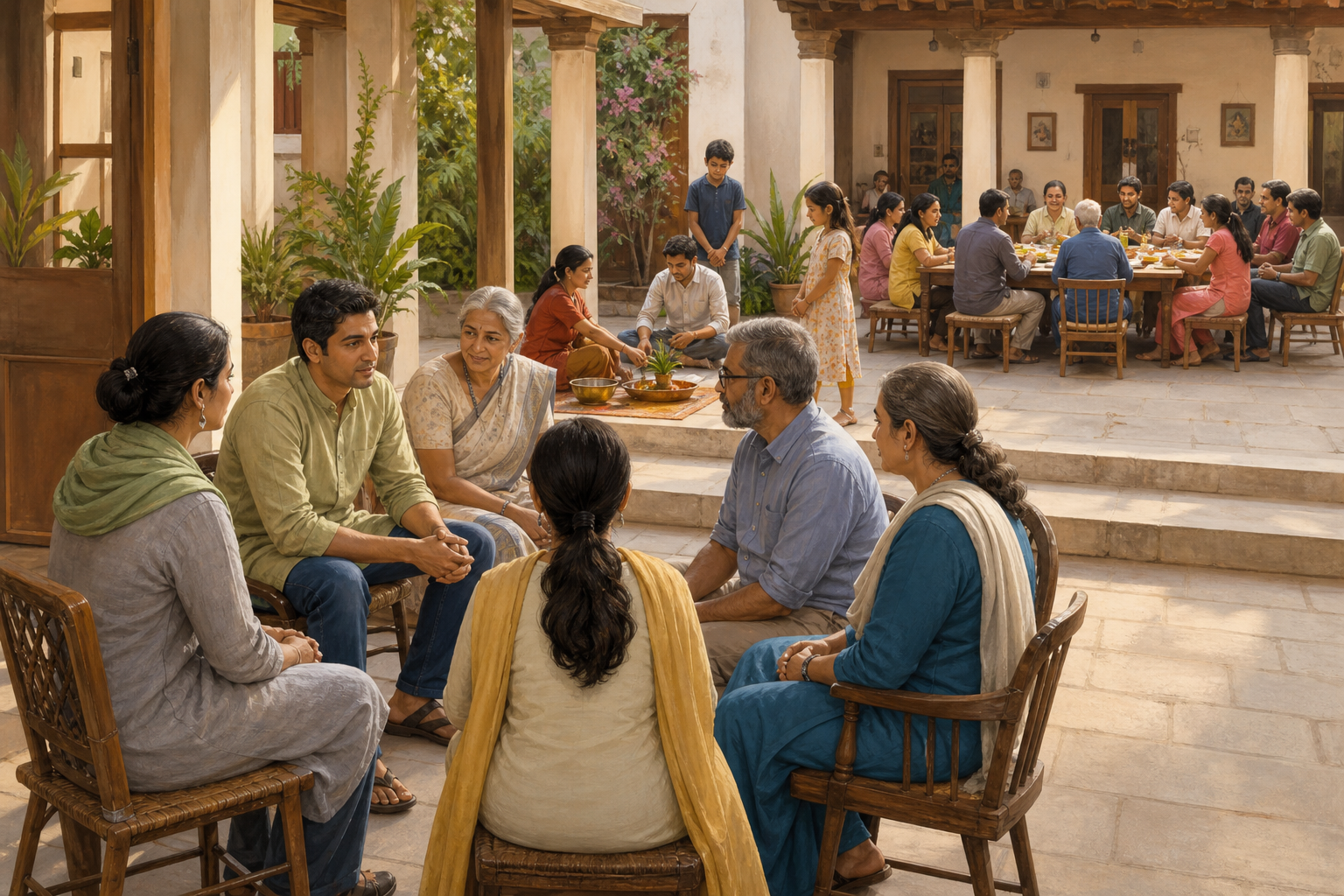 An adult consults with family and facilitators in a community courtyard while a modest rite and a shared meal take place farther in the scene.