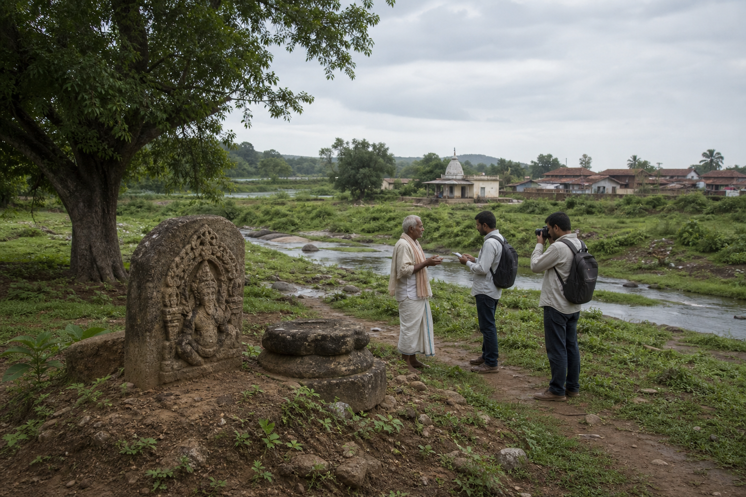 An elder shares memories beside a carved stone as two younger custodians document the object and its surrounding path, tree, water channel, shrine, and settlement.