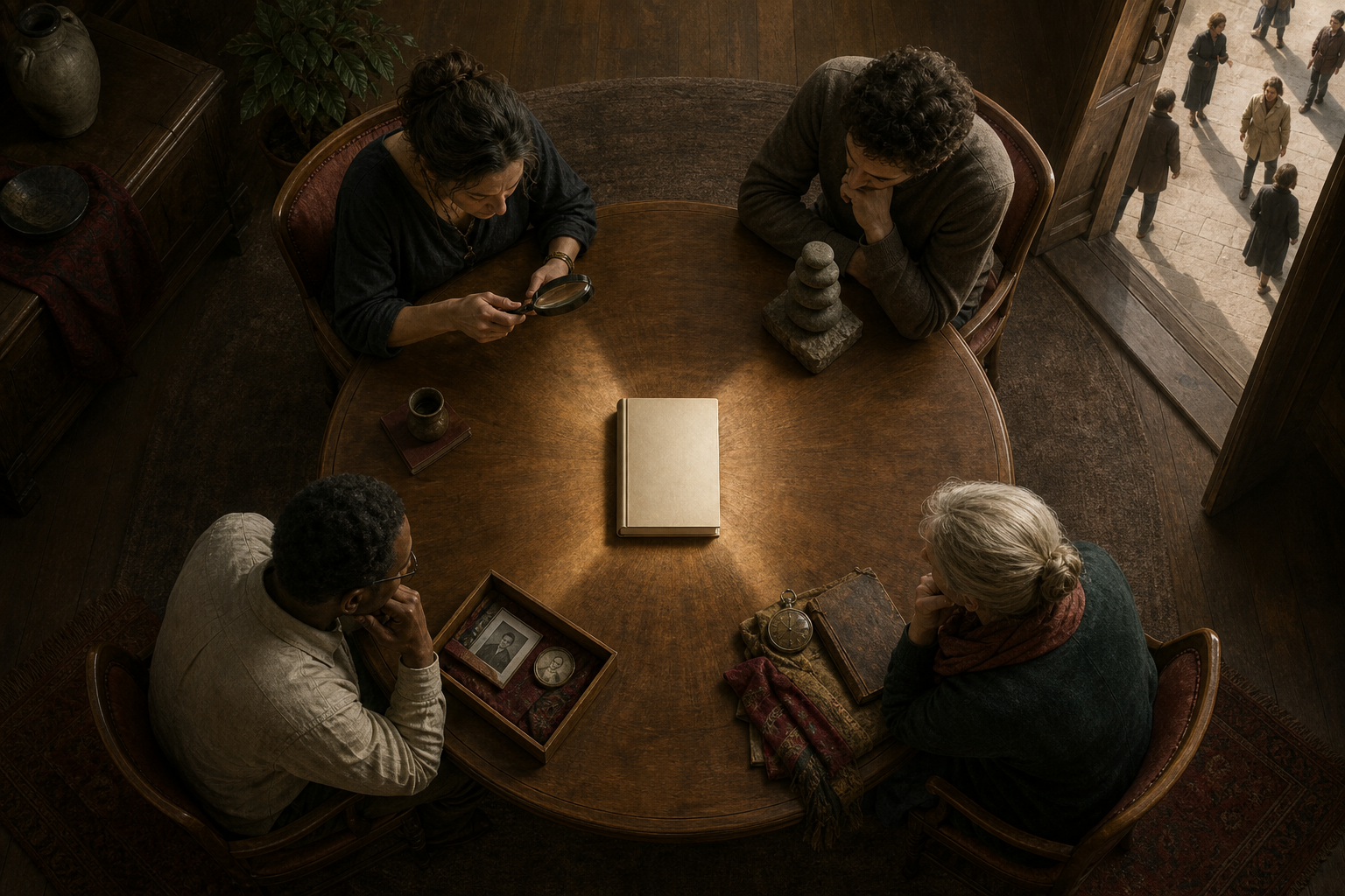 Four readers seated around a circular table examine a blank-covered book using different objects and viewpoints under converging pools of light.
