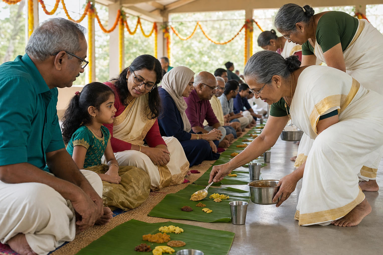 People of different ages share an Onam meal on banana leaves while community volunteers serve traditional dishes.