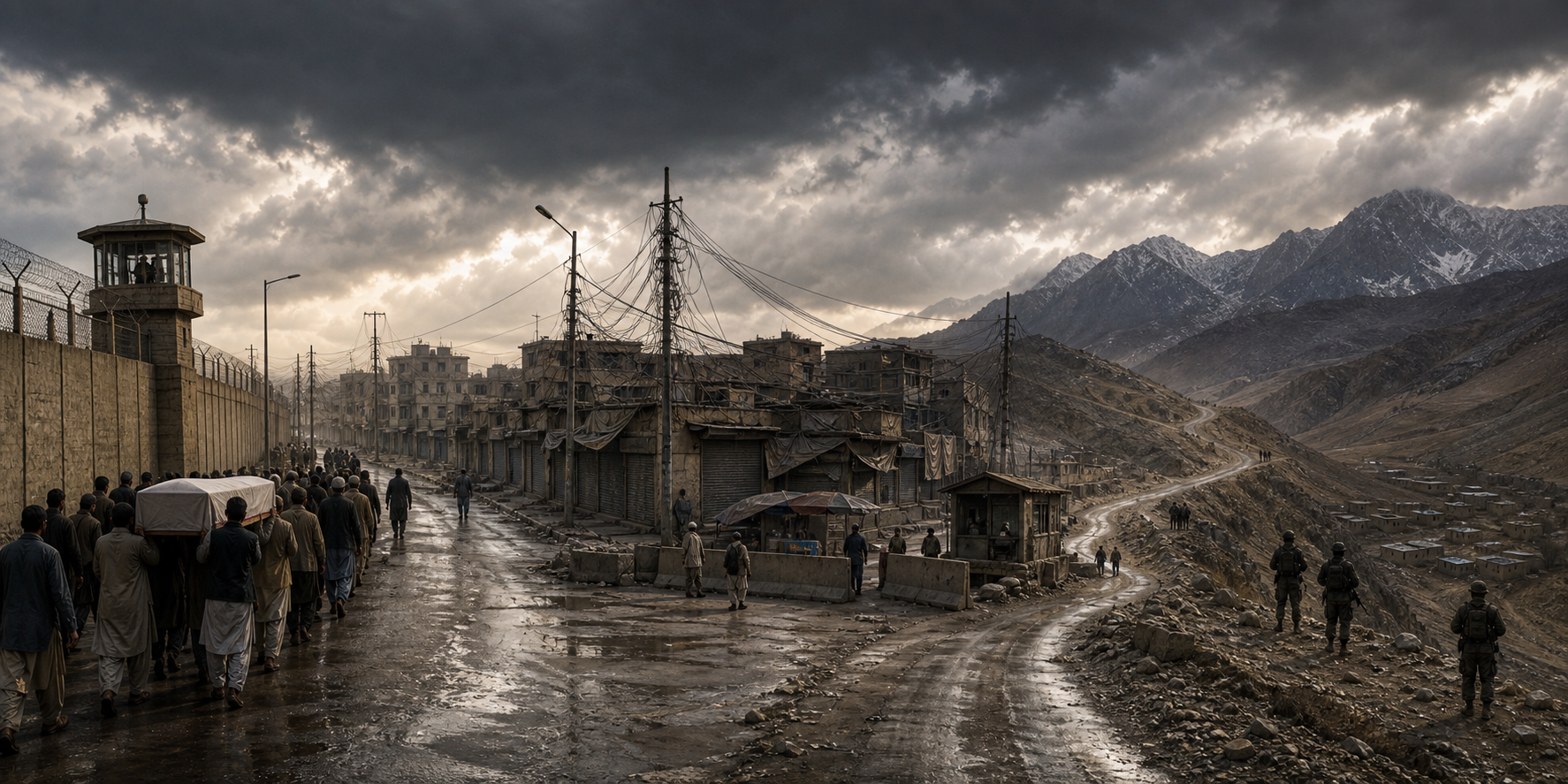 A panoramic illustration connects a funeral procession, a guarded urban checkpoint and armed patrols in a remote mountain pass.