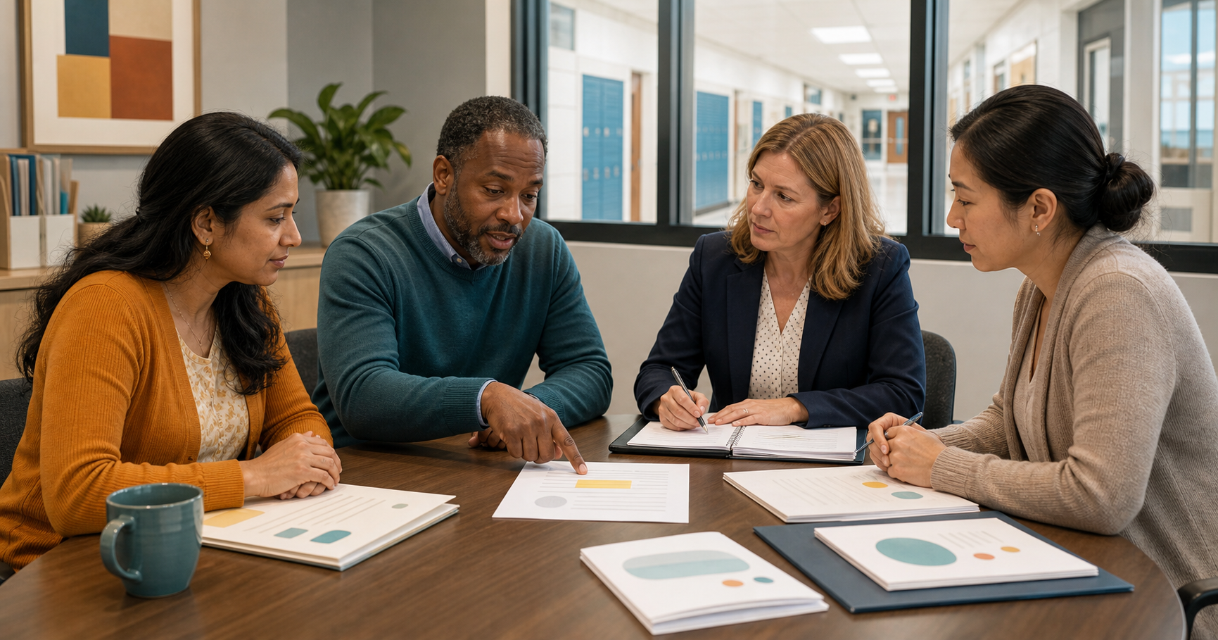 A Hindu parent and community advocate meet with a teacher and school administrator to review classroom materials together.