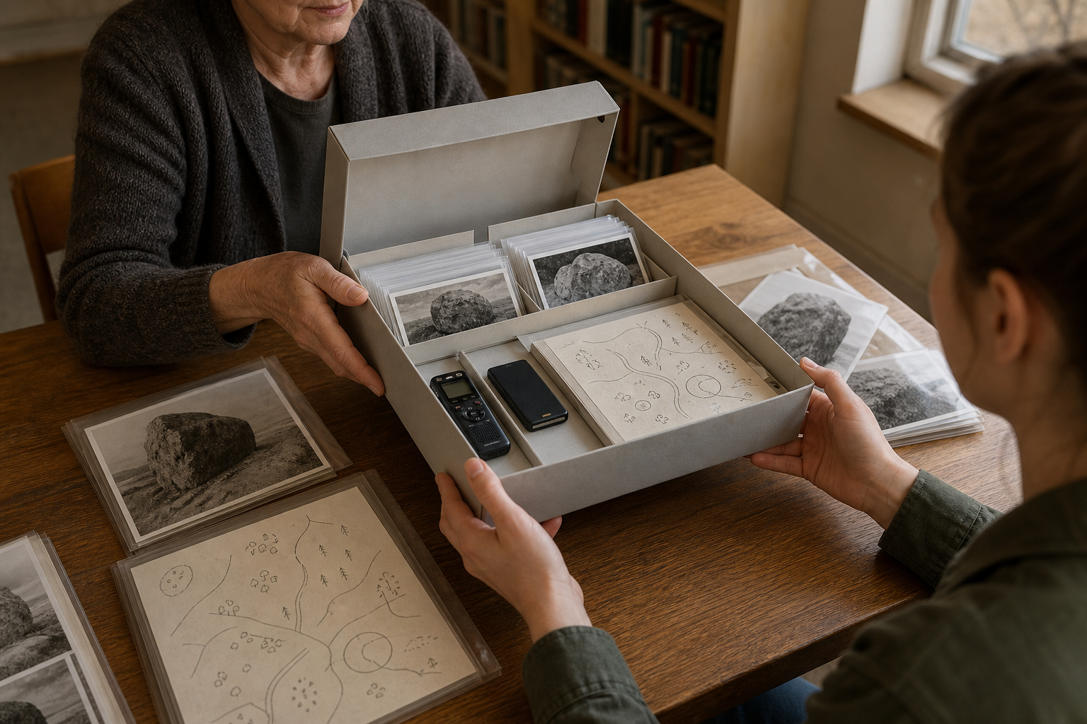 An older archivist hands a younger custodian a storage box containing photographs, an audio recorder, digital storage, and an unlabeled site map.