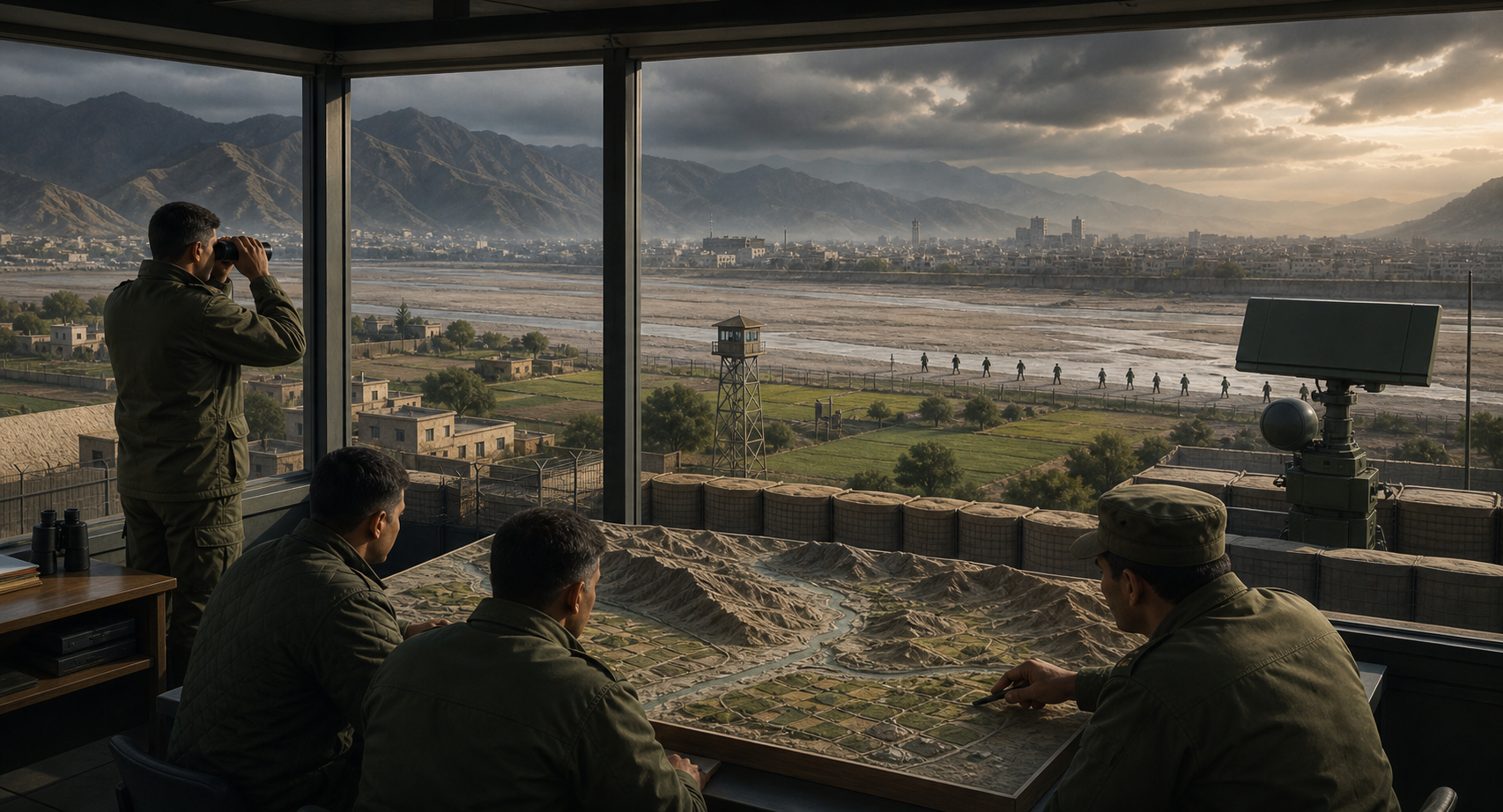 Officers in a border observation post monitor a frontier with radar, defensive barriers, farmland and a hazy city in the distance.