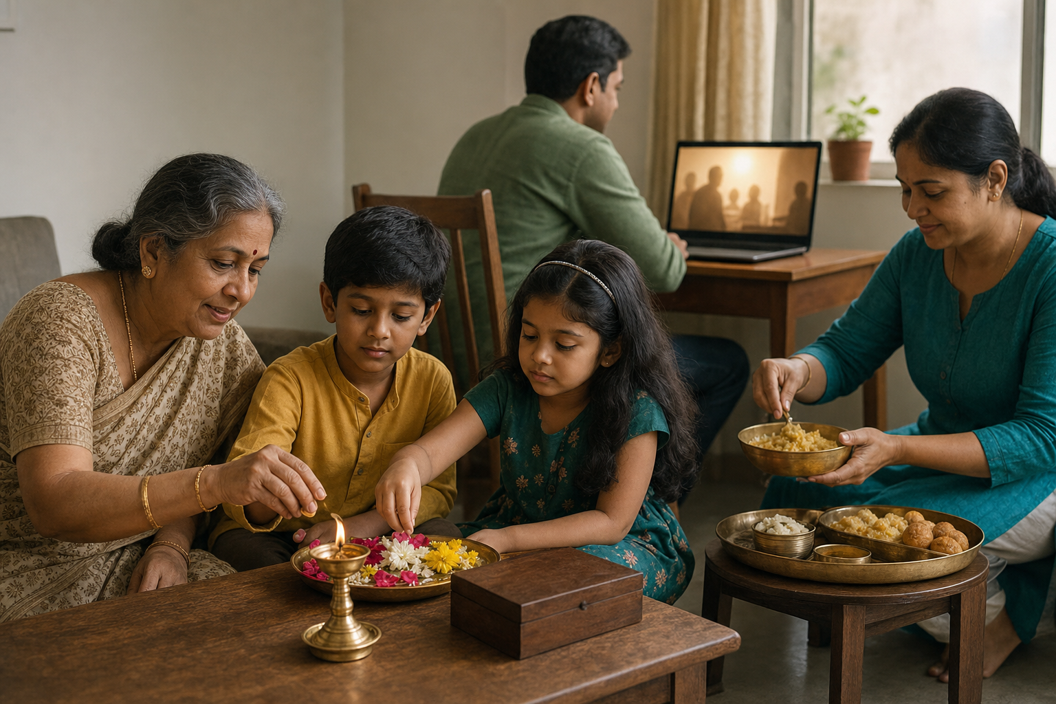 A family in a city apartment gathers around flowers, a brass lamp, and festival food while a distant relative joins by laptop.