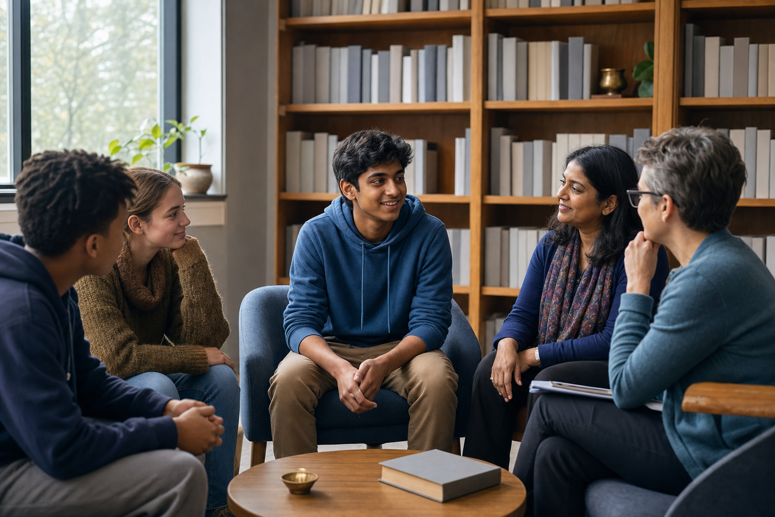 A Hindu teenager receives support from a parent, educator, and peers during a quiet conversation in a school library.