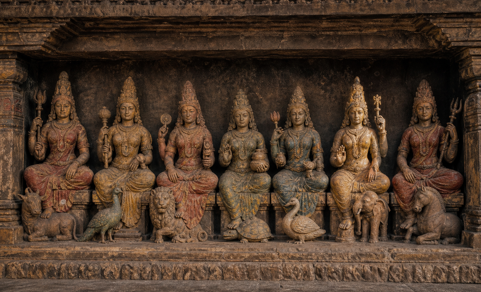Seven seated Saptamatrika figures fill a sandstone temple niche, with Aindri identified by a crown, an upright vajra and a small elephant emblem.