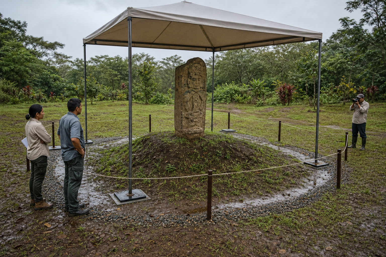 A conservation team inspects a carved stone protected in place by a freestanding canopy, gravel drainage, and a removable low barrier.