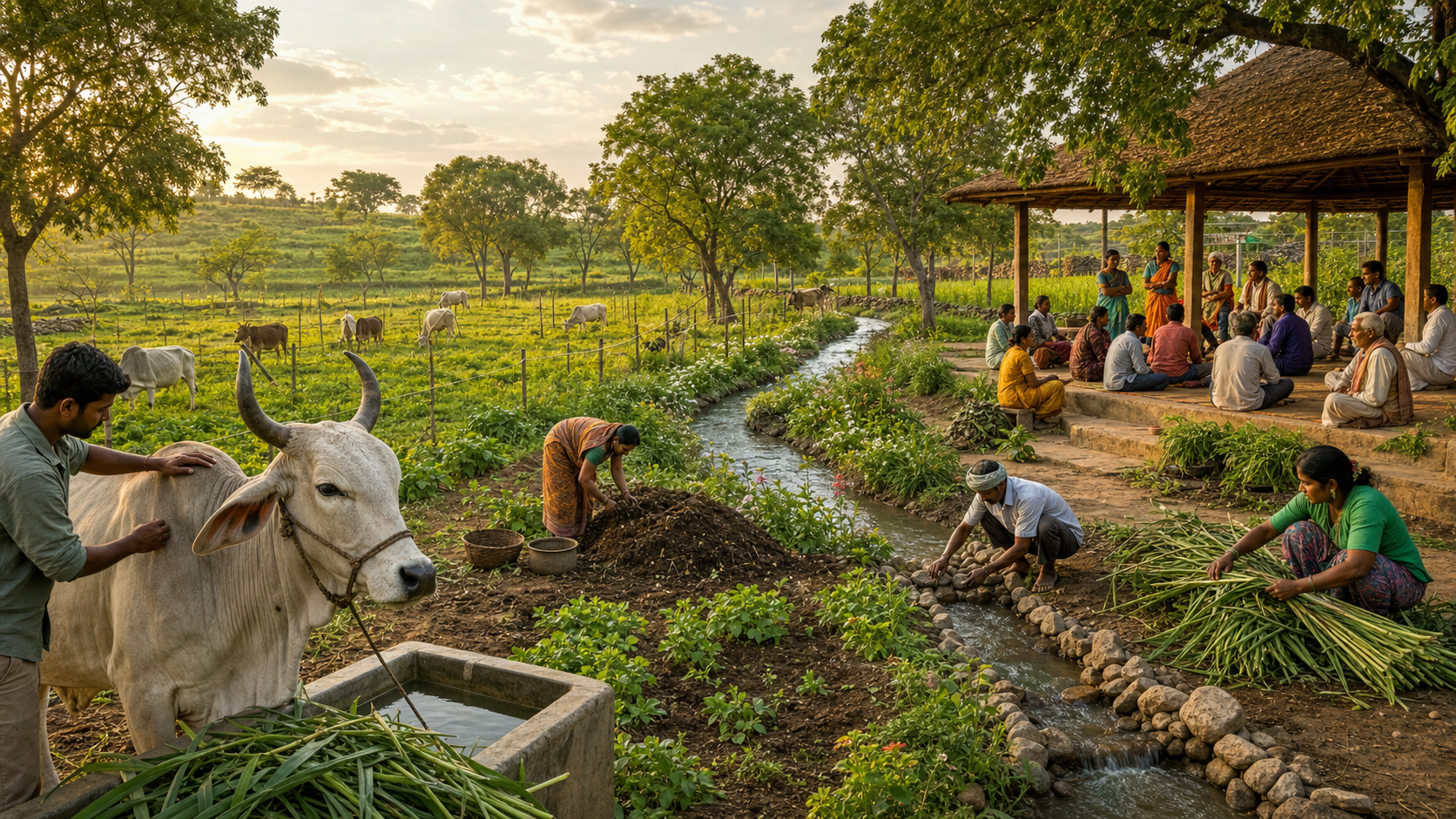 A cow receives care beside clean water while nearby villagers manage pasture, native trees, compost, crops, and a rainwater channel together.