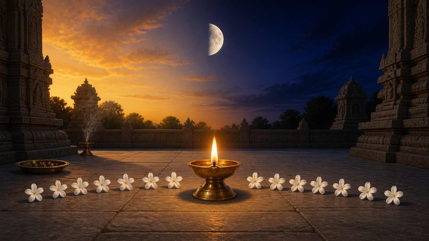 A glowing brass oil lamp in a temple courtyard at twilight, with seven jasmine blossoms on one side, eight on the other, and a waxing moon above.