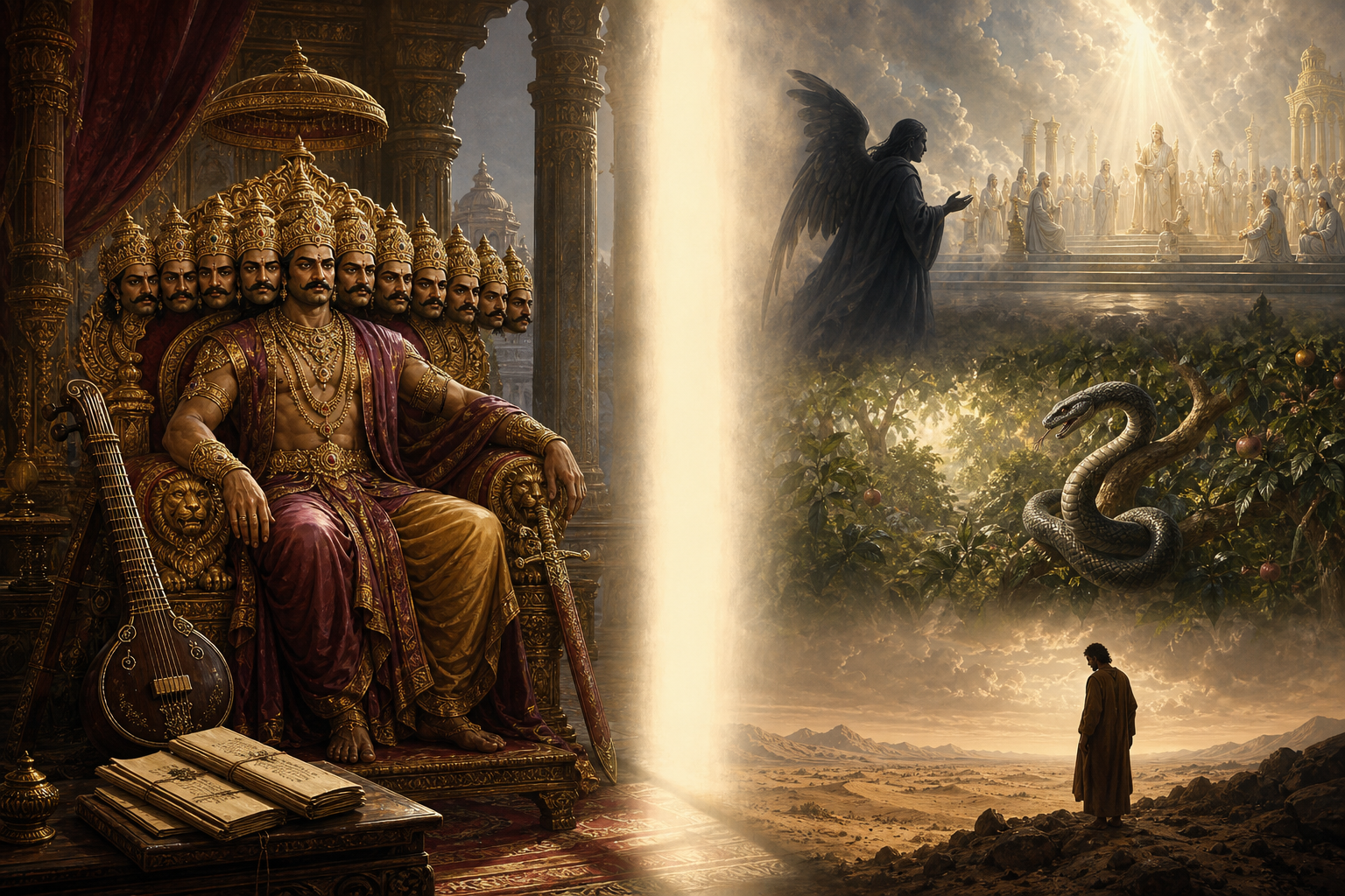 Editorial illustration of Ravana in a palace on one side and several distinct adversarial motifs from Abrahamic traditions on the other, separated by a wide band of light.