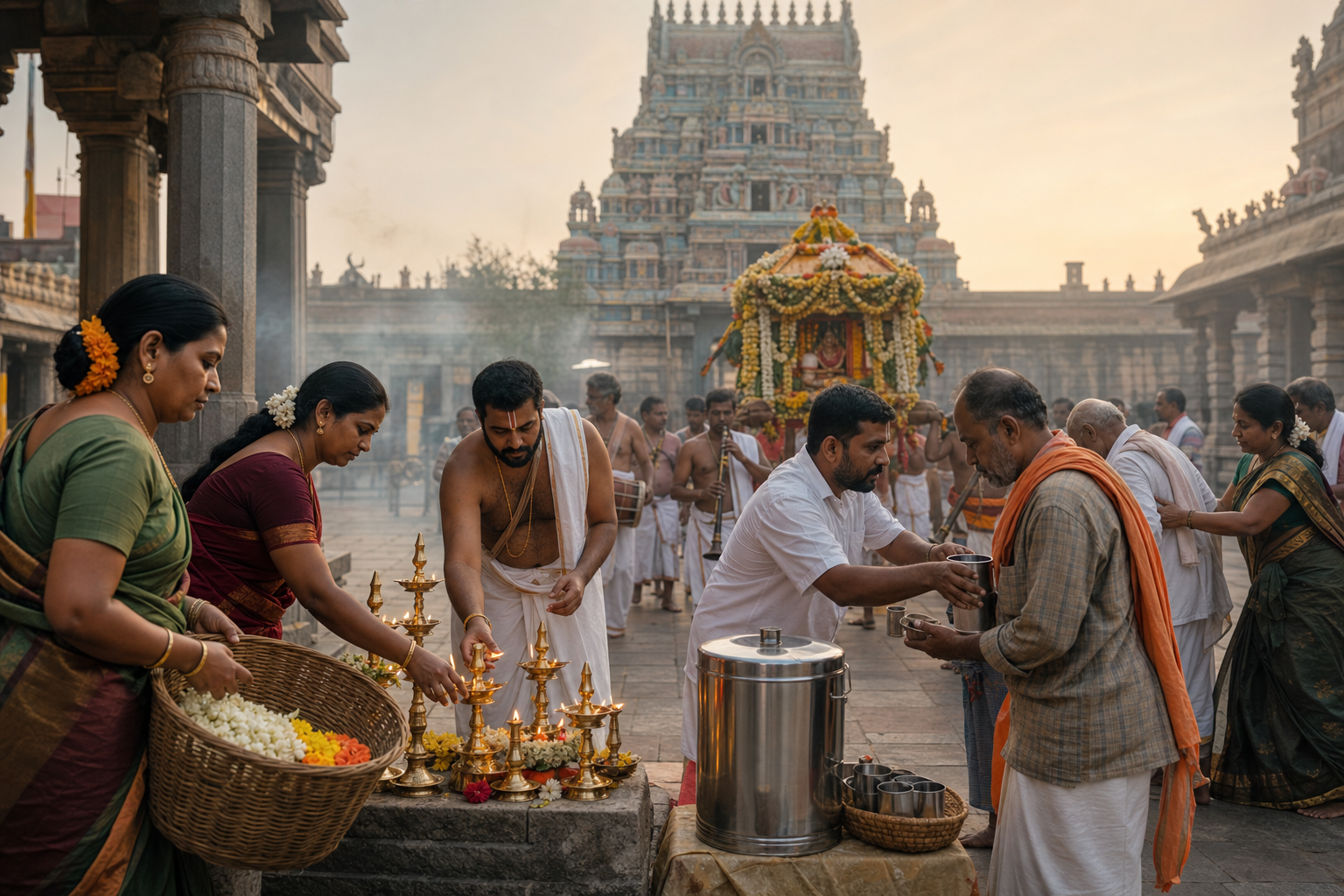 Devotees carry flowers, arrange lamps, serve water, and assist an elderly pilgrim as a temple festival procession crosses a South Indian stone courtyard at dawn.