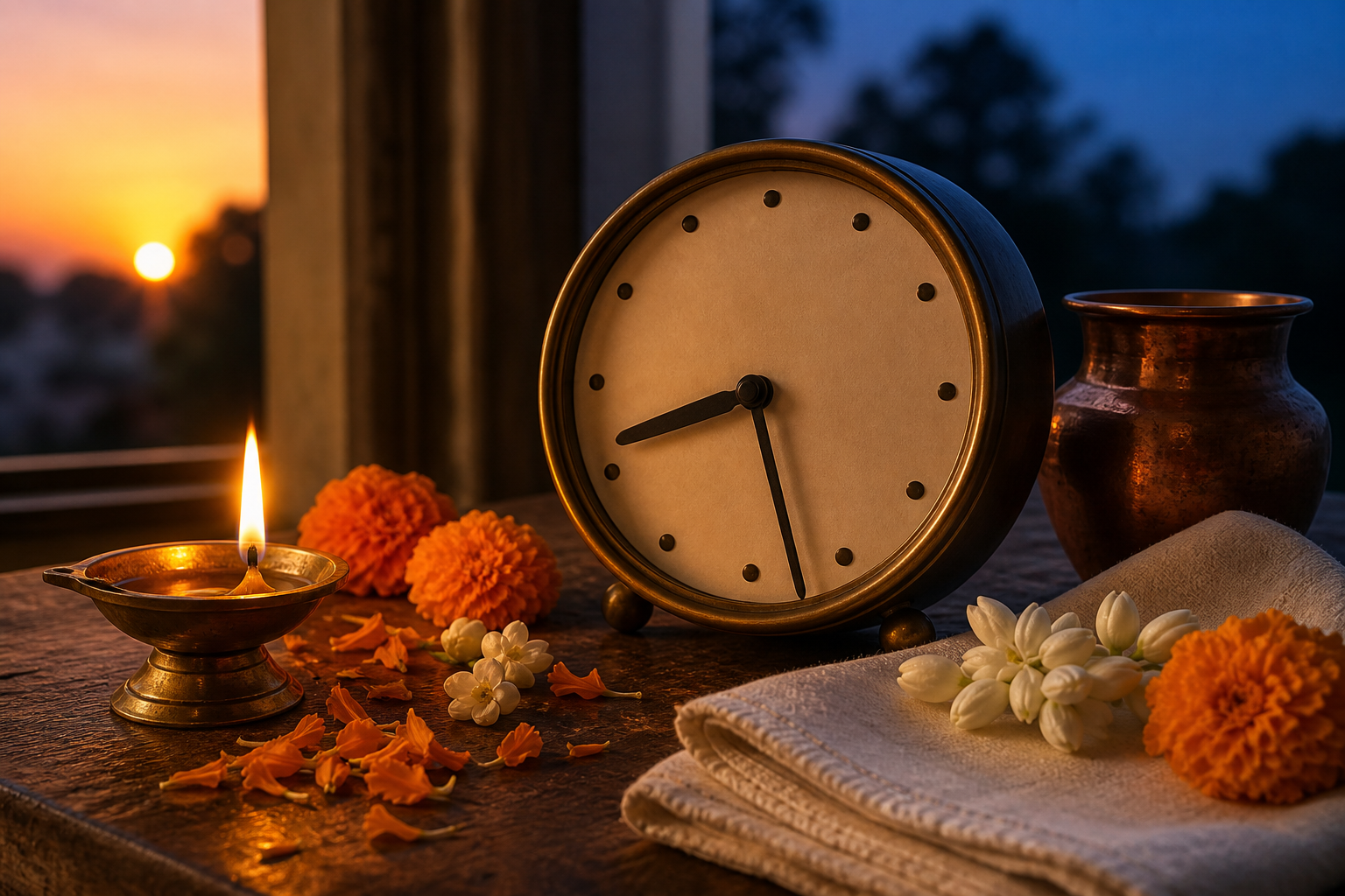 An unnumbered analog clock set to about 8:27 beside a glowing oil lamp and simple puja items in evening light.