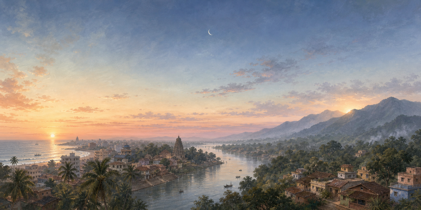 A coastal city, an inland riverside town, and a mountain settlement shown under subtly different dawn light beneath the same waxing moon.