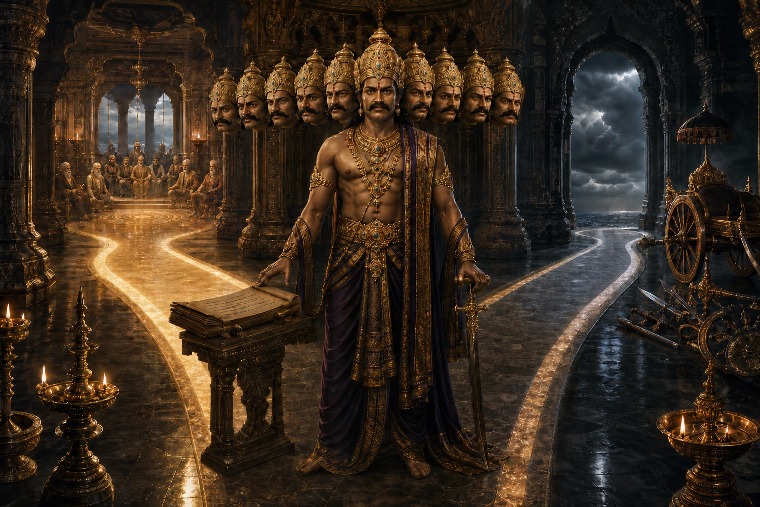 Ravana stands between two illuminated paths in a royal hall, with advisers, manuscripts, a sword, and a dark doorway surrounding him.