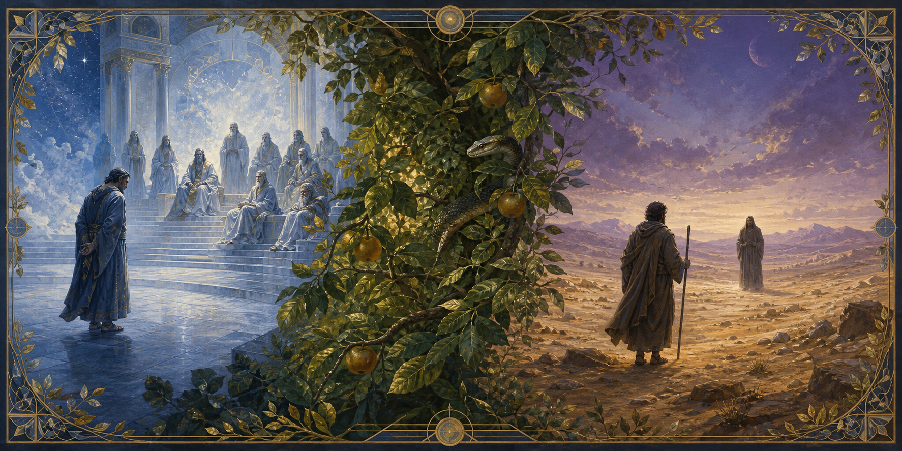 Panoramic illustration of a celestial accuser, a garden serpent, and a distant desert tempter in three distinct scenes.