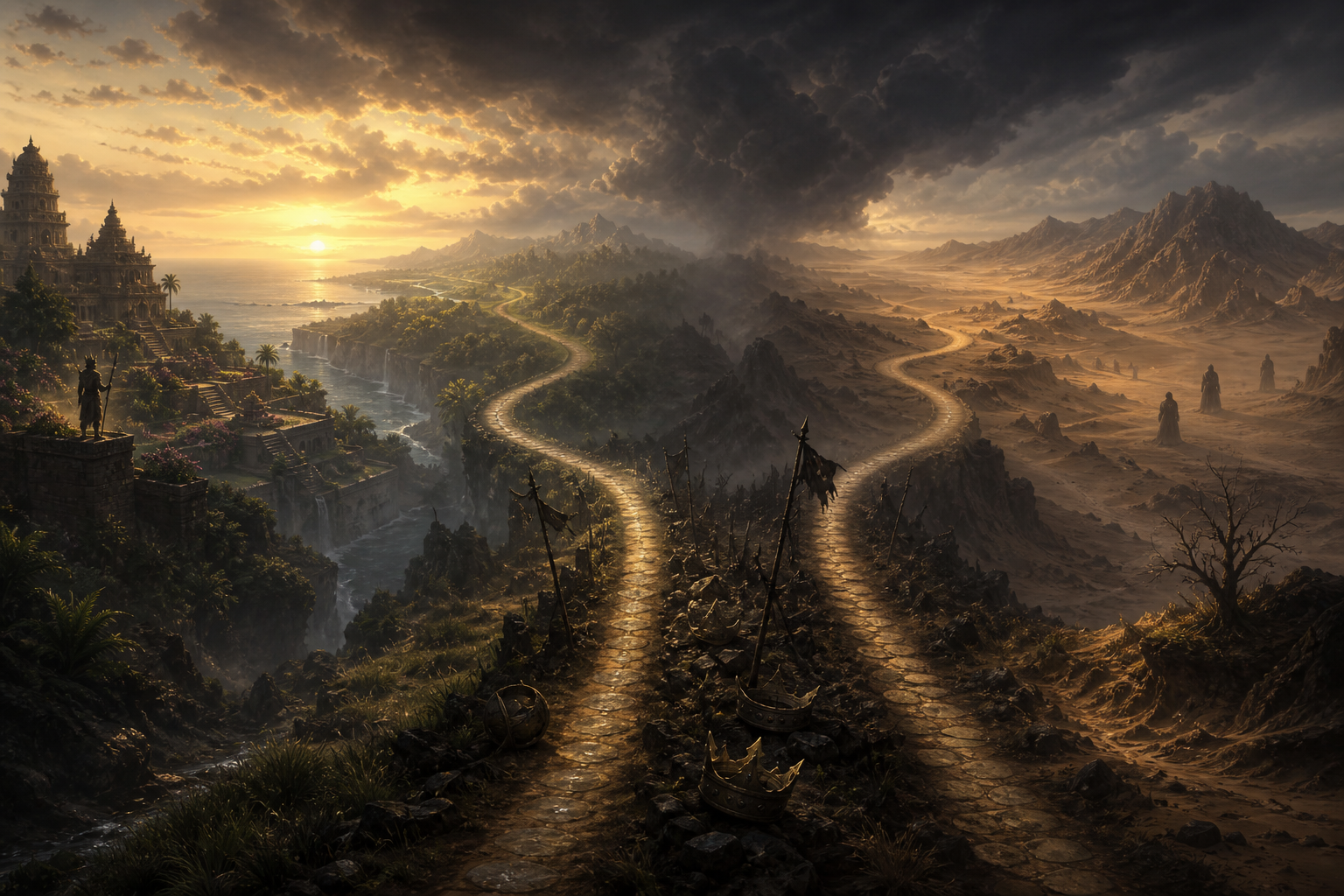 Two landscape paths briefly run parallel through stormy terrain before separating toward an island kingdom and a desert horizon.