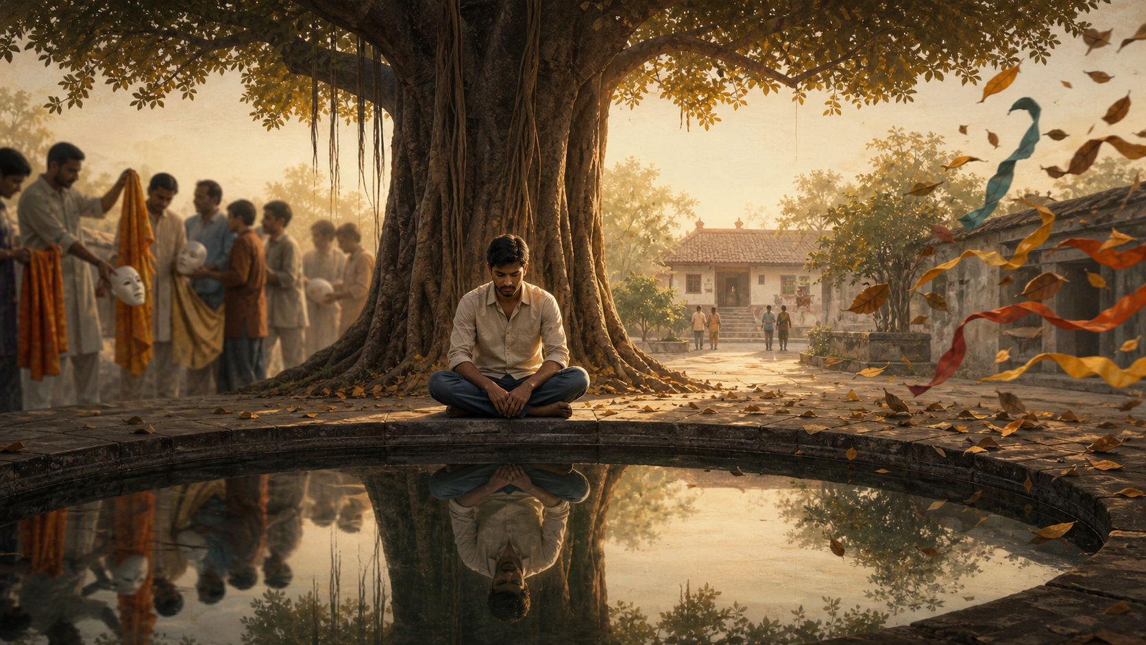 A person sits beneath a banyan tree and looks into a still pool, between a crowd offering masks and garments on one side and windblown ribbons and leaves on the other.