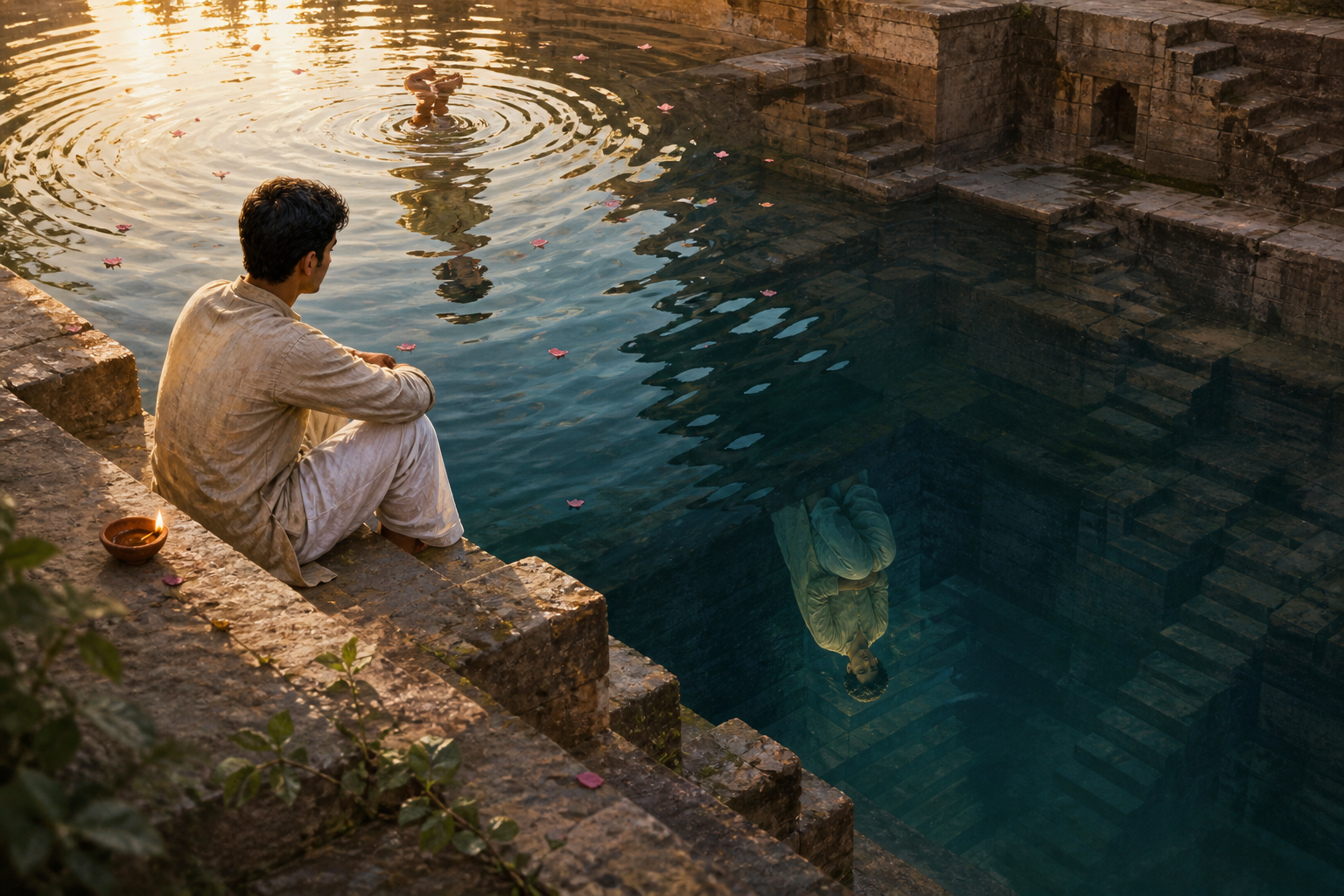 A person sits beside a stone stepwell where rippled surface water shows a fragmented reflection and the still water below shows a clear reflection.