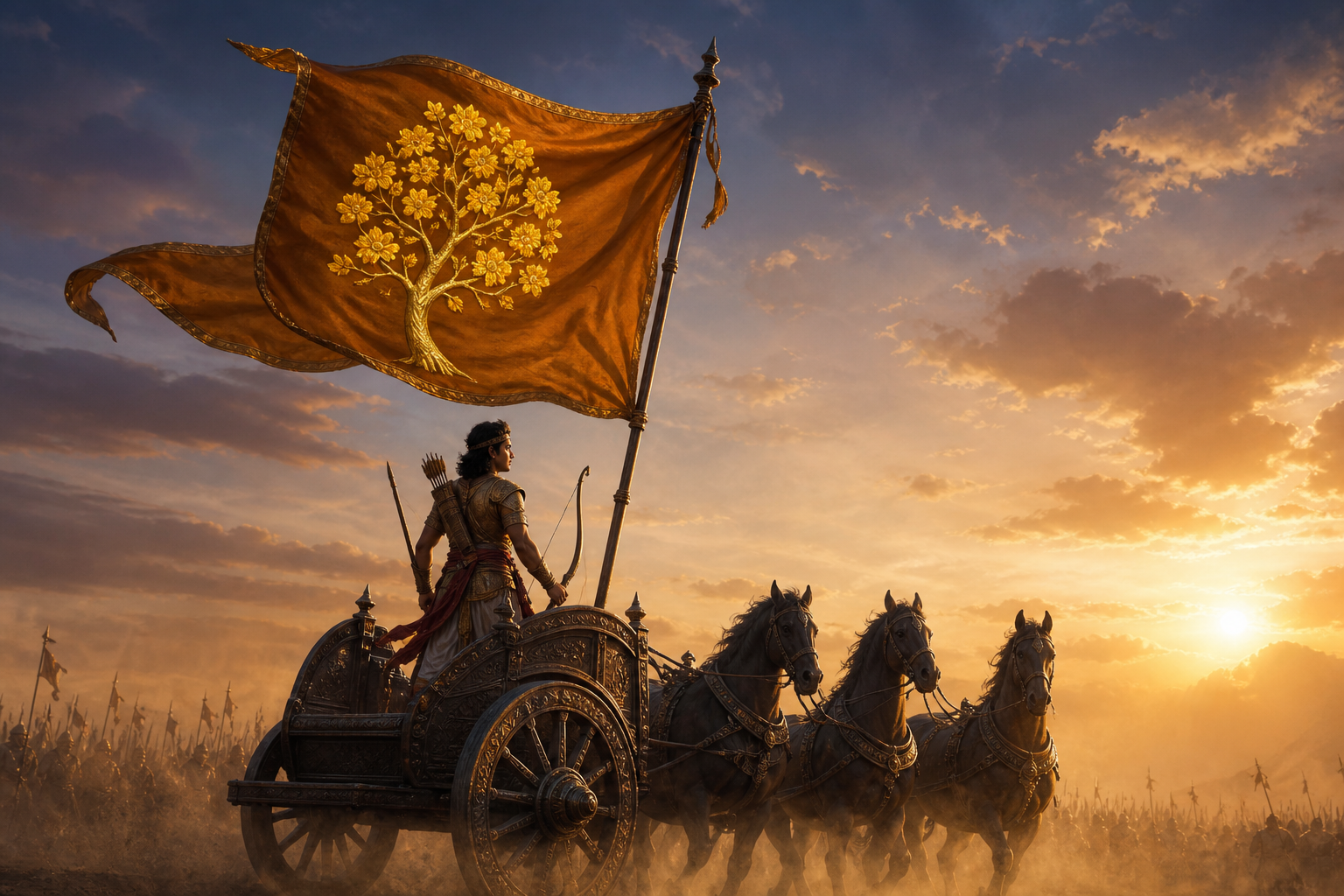 A youthful archer stands in an ancient Indian chariot beneath a golden banner bearing a stylized flowering Karnikara tree.
