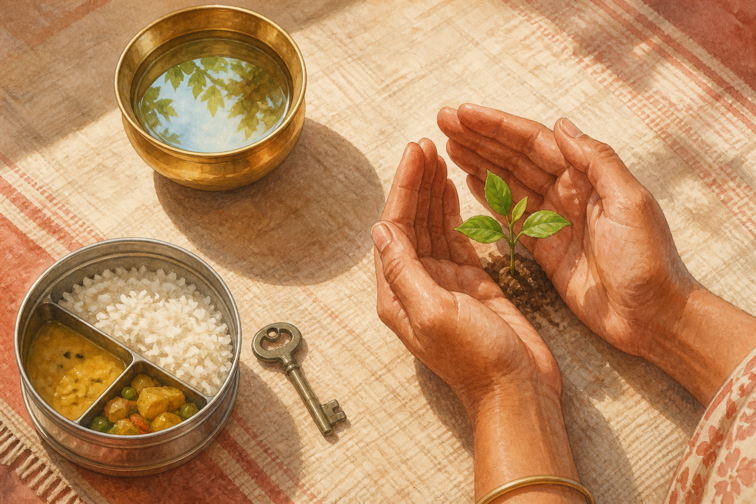 A brass bowl of clear water, a house key beside a prepared meal container, and hands sheltering a seedling are arranged on woven cloth.