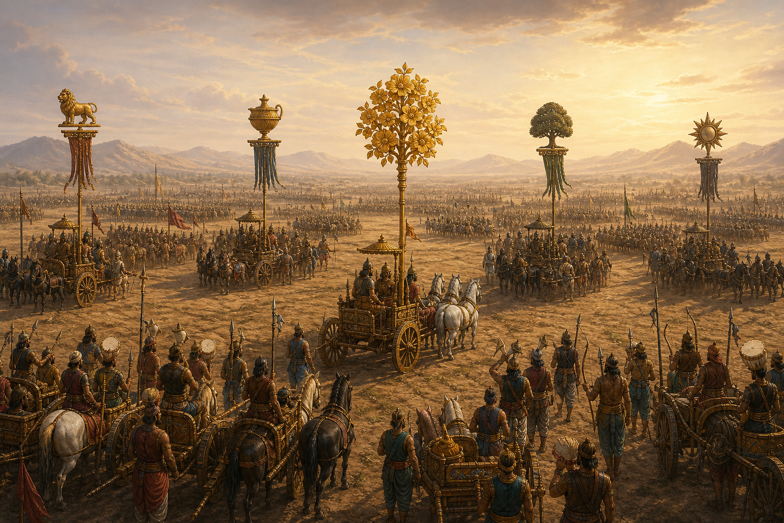 Ancient chariot formations gather beneath different identifying standards, including a central banner with a golden flowering tree.