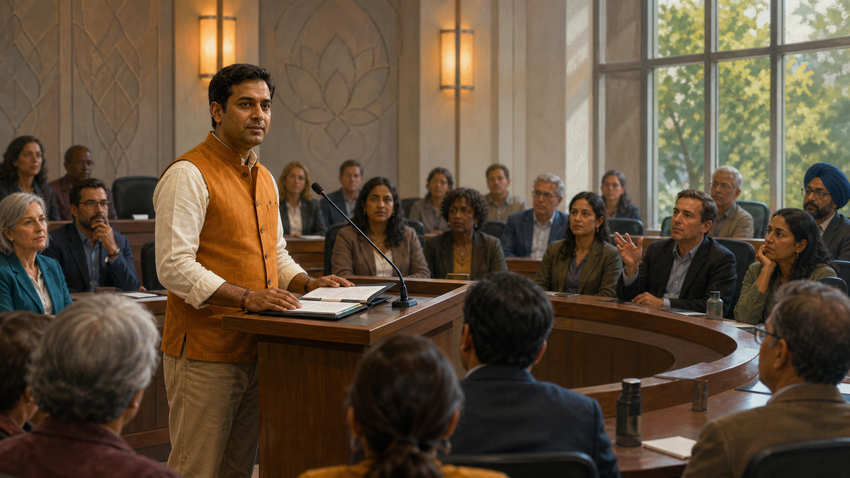 A Hindu community representative calmly addresses council members and residents in a municipal meeting room with an evidence folder on the lectern.