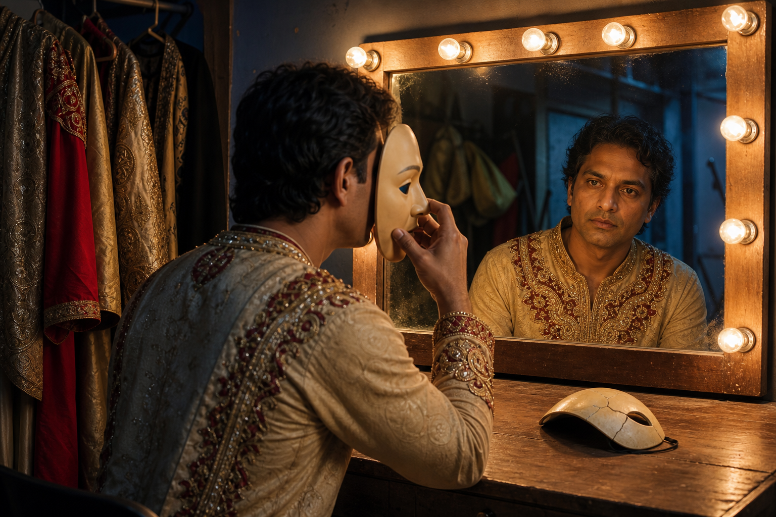 A theatre performer removes a stage mask before a mirror, with costumes hanging nearby and a cracked mask lying face down on the table.