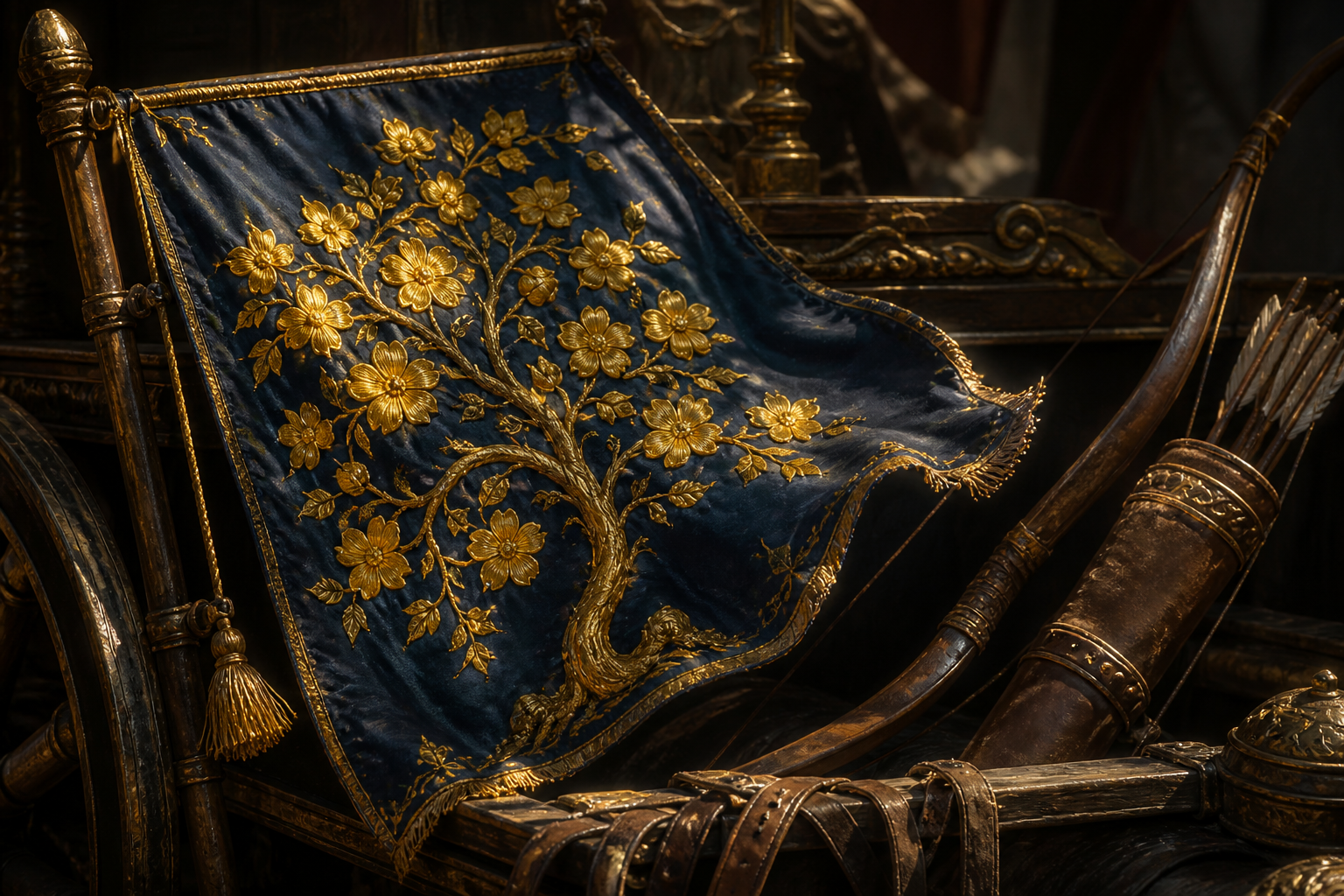 A golden flowering-tree emblem ripples on a chariot banner above a bow, quiver, reins, and bronze fittings.