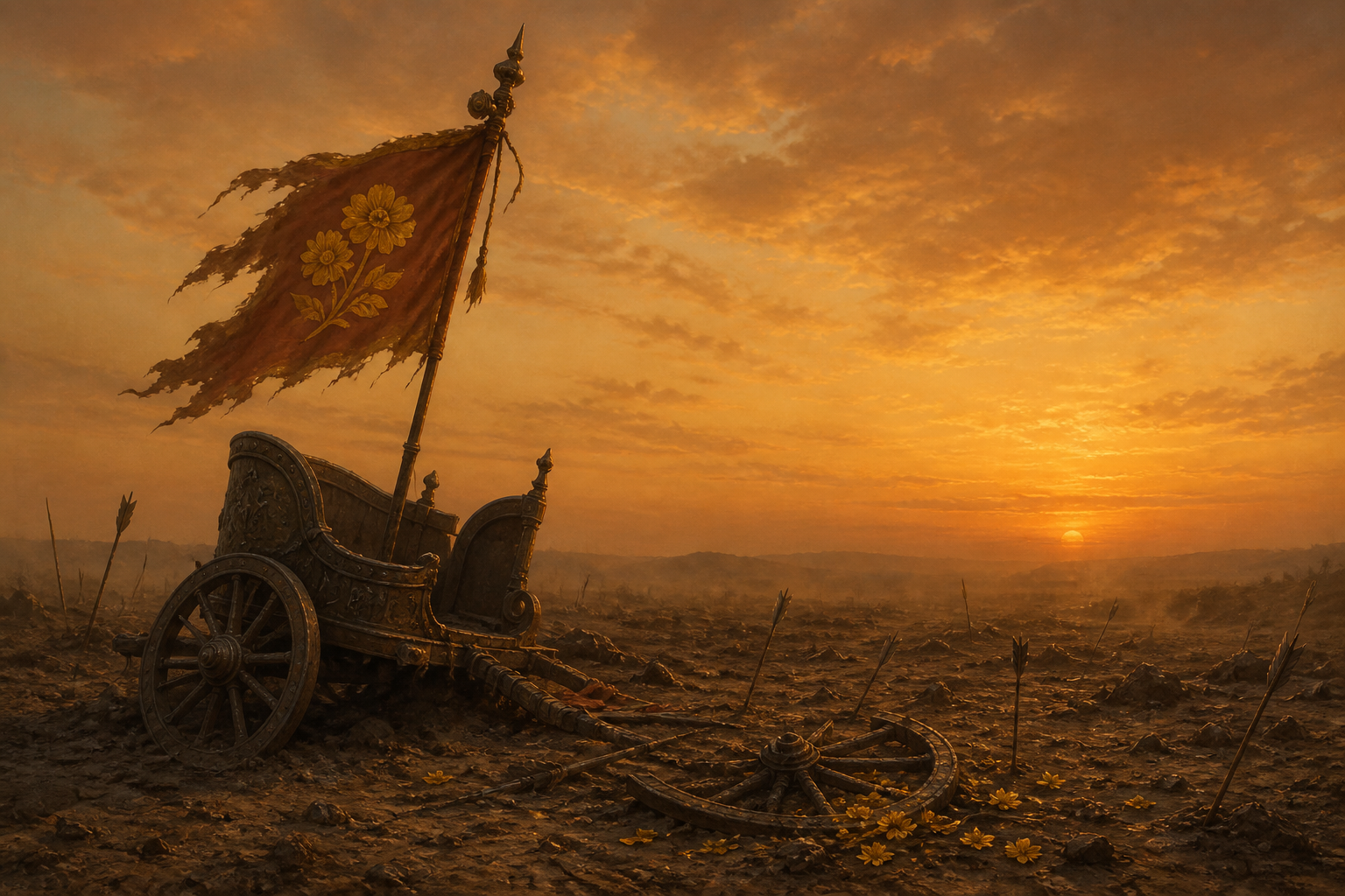 A leaning banner with a golden flowering-tree emblem remains beside a damaged chariot wheel on an empty battlefield at dusk.