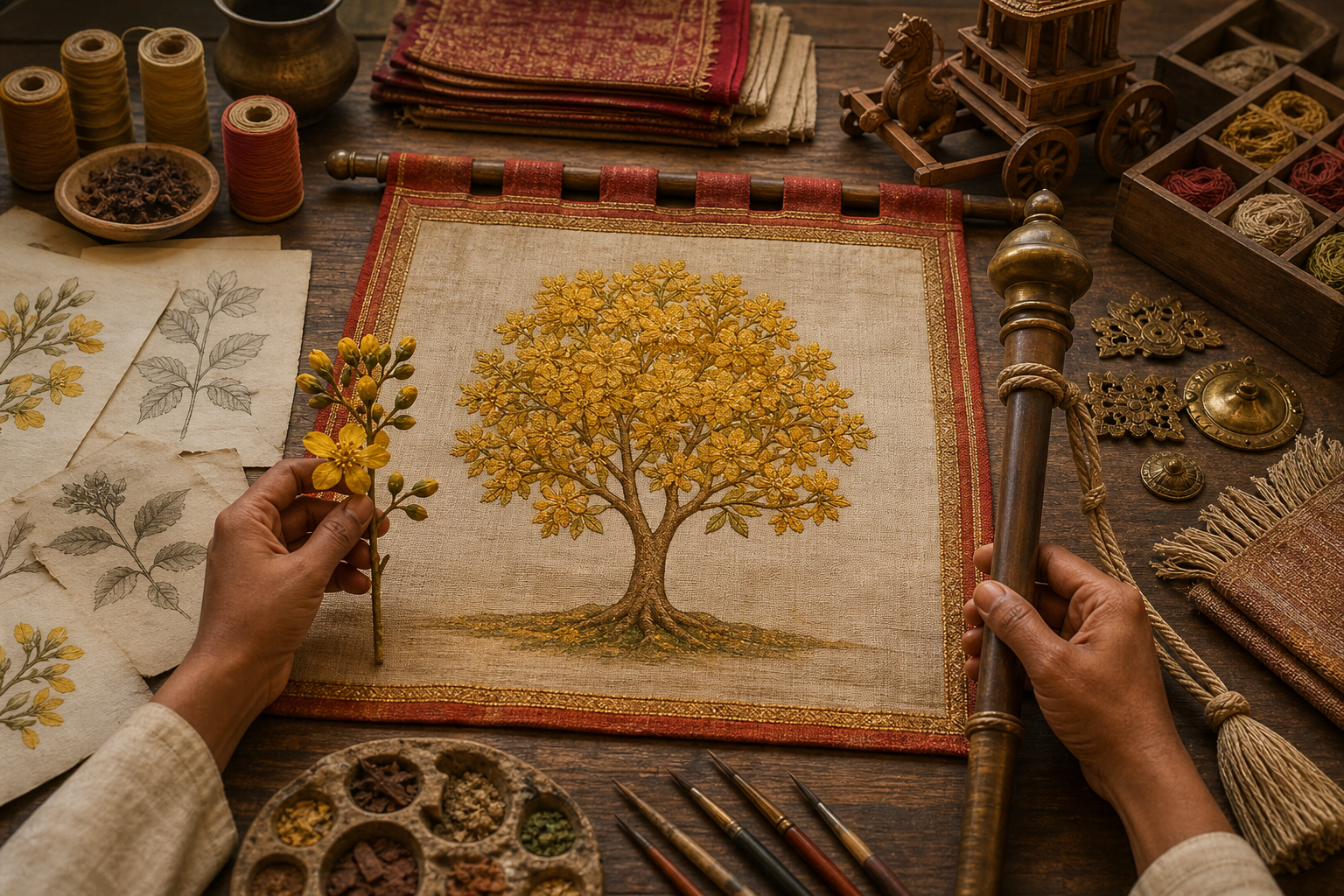 An artist studies botanical drawings, textiles, bronze fittings, and a small chariot model while designing a golden flowering-tree banner.