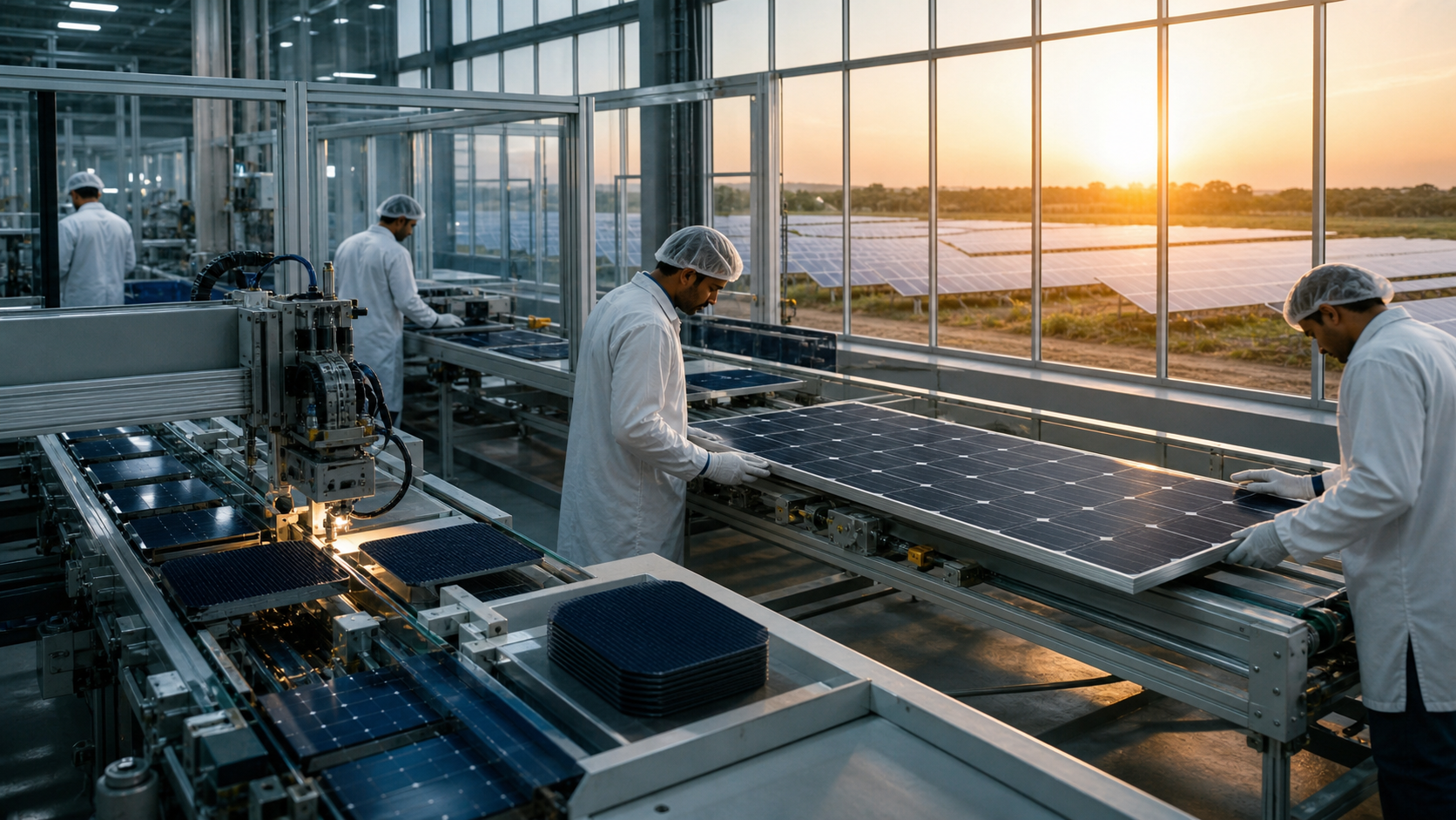 Technicians and automated machinery manufacture solar cells and modules inside a photovoltaic factory, with an operating solar field visible beyond the windows.