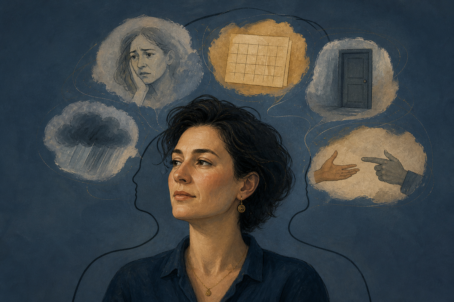 A seated person observes translucent fragments of everyday concerns orbiting the head above a darker outline of the person's own upper body.