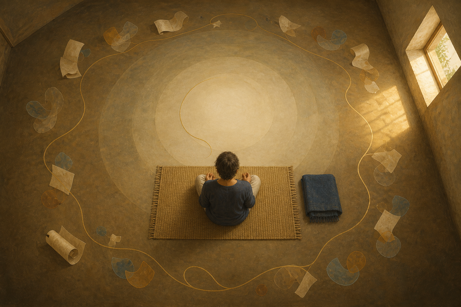 Viewed from above, a person sits on a woven mat while a fine golden line curves from scattered shapes toward an open space at the center.