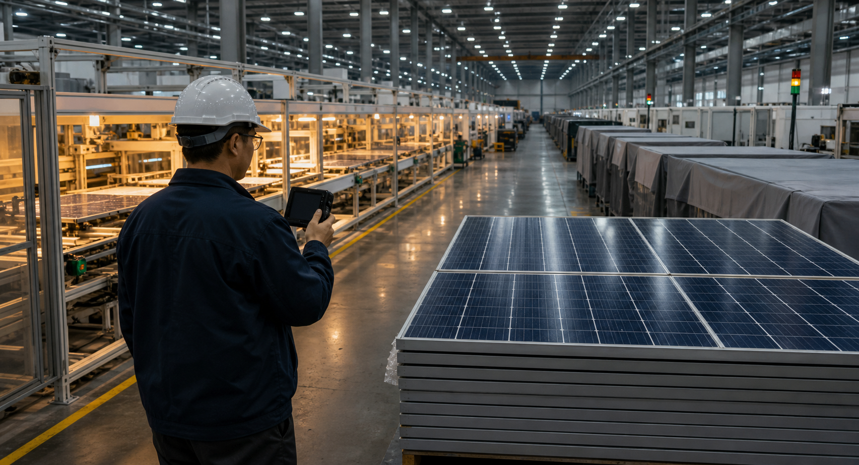 An engineer inspects a photovoltaic module factory where some production lines are operating while other installed lines remain idle.