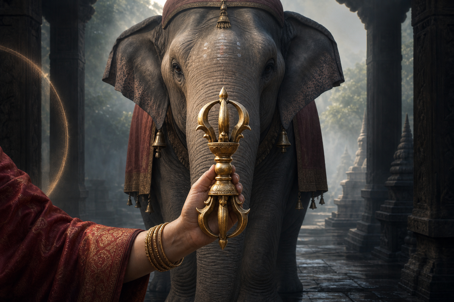 A goddess's hand holds an upright vajra in front of a calm gray elephant standing in a shadowed temple courtyard.