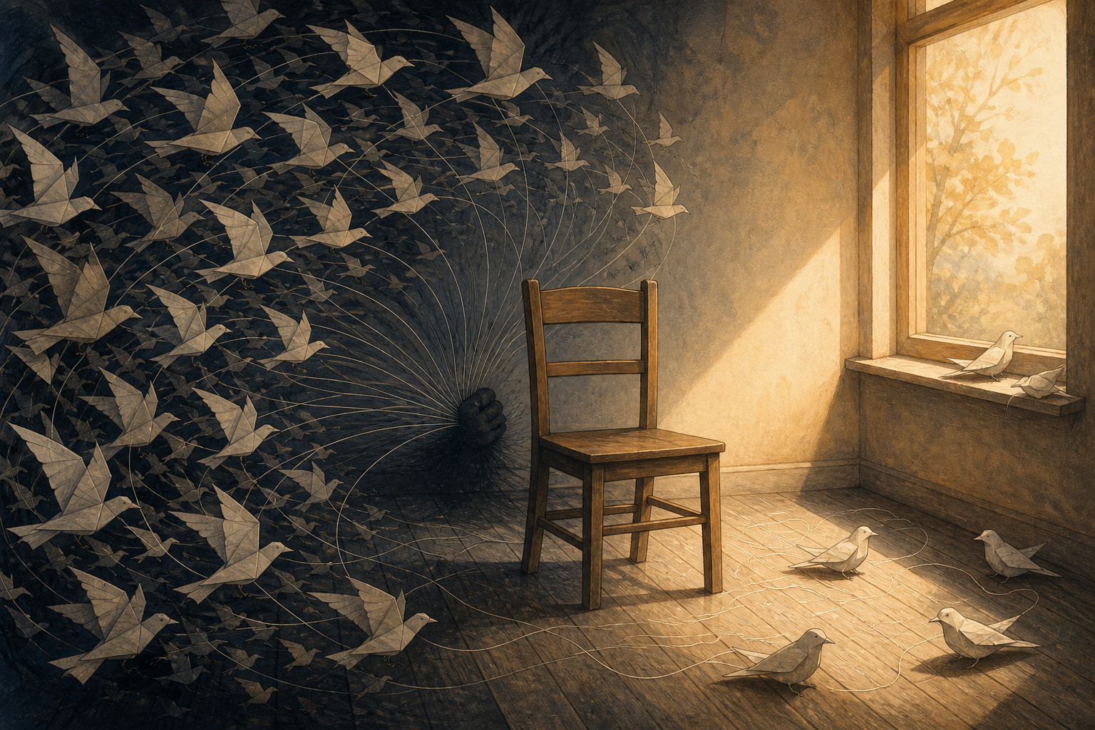 Paper birds spiral around an empty chair while loose threads fall slack and several birds settle in a patch of warm window light.