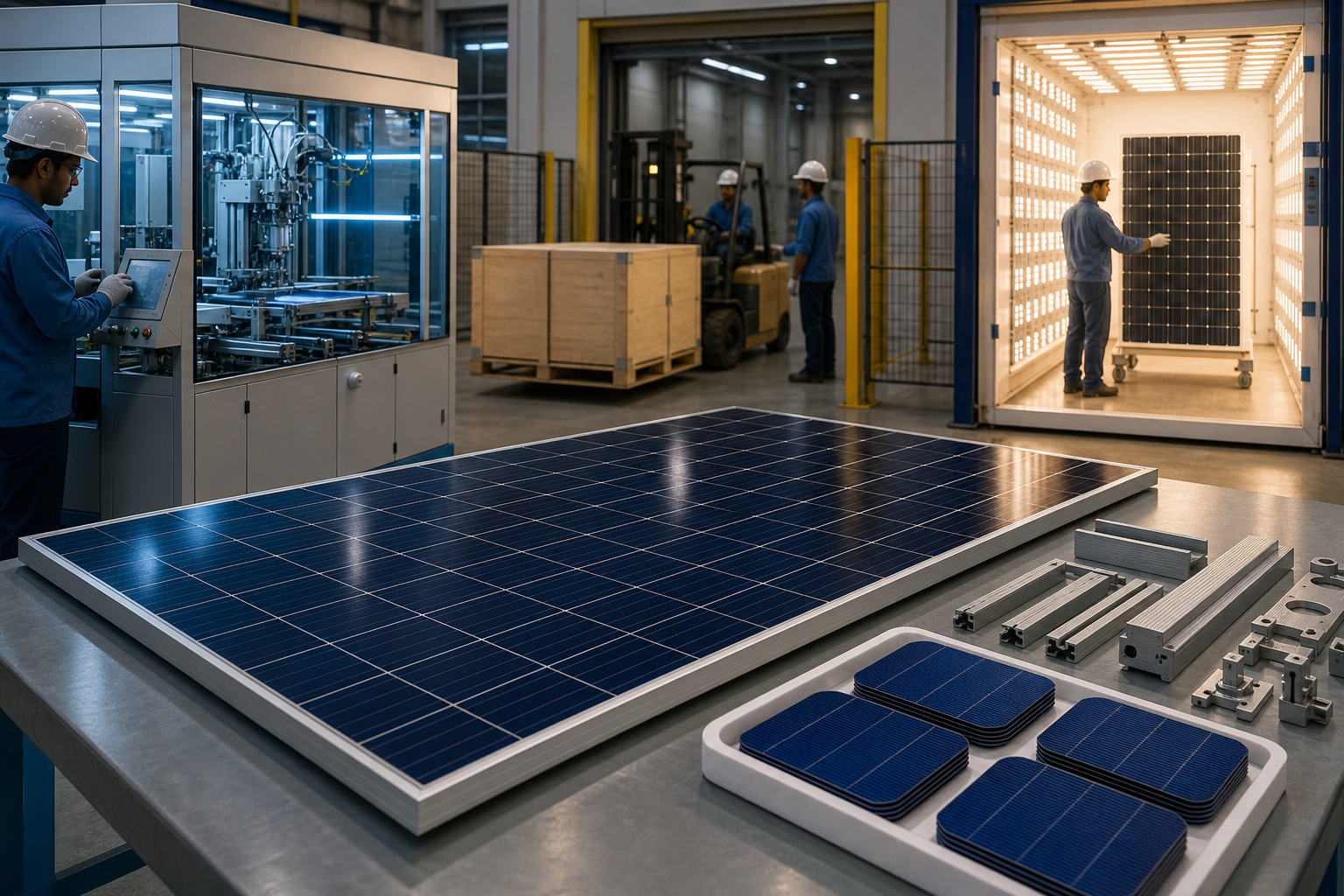 A solar module, photovoltaic cells and precision parts sit in a factory surrounded by automated production, a loading area and quality-testing equipment.