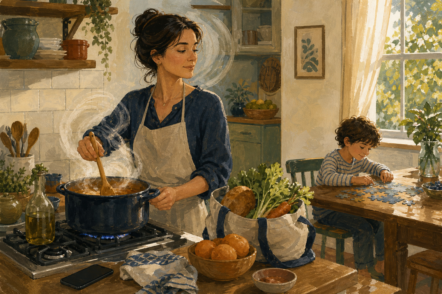An adult pauses calmly while stirring a pot in a sunlit kitchen as a child works on a puzzle at the nearby table.