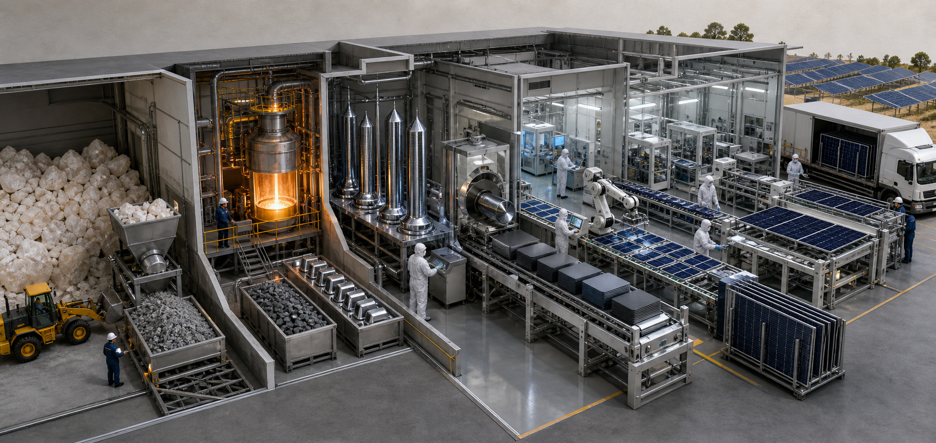 A photovoltaic industrial complex shows successive stages from mineral feedstock and polysilicon to ingots, wafers, cells and finished solar modules.