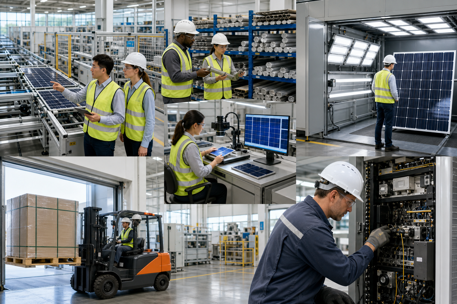A factory audit team examines an operating production line, raw materials, solar cells, module testing, shipping preparation and equipment maintenance.