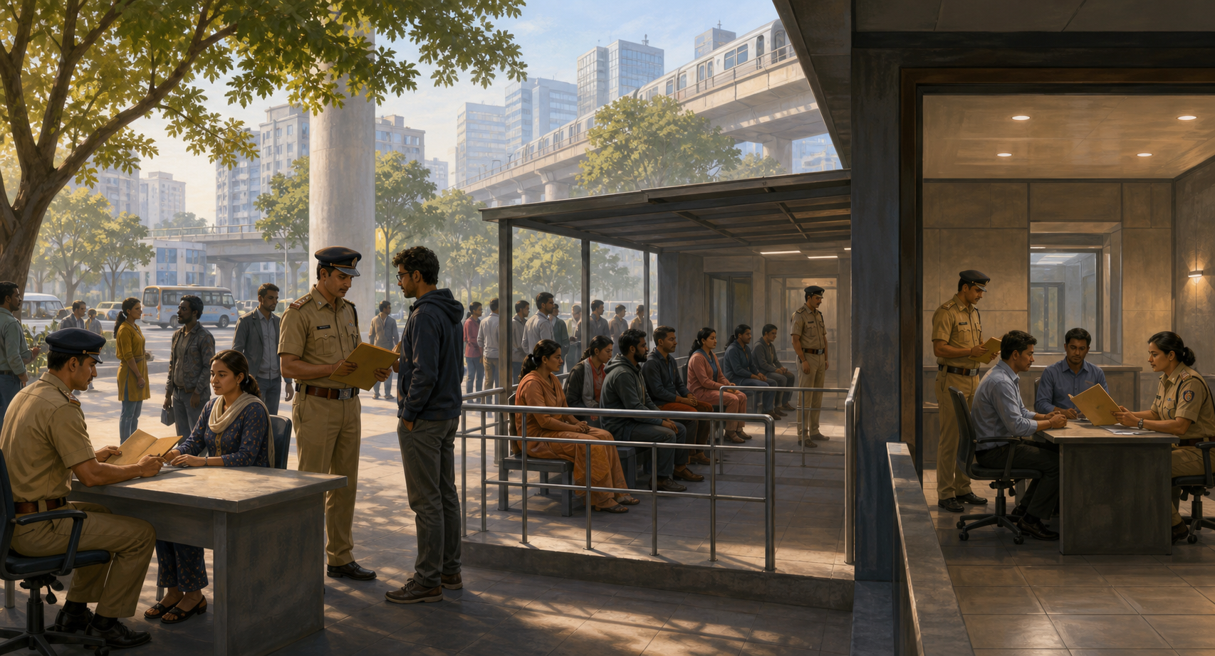Editorial illustration of adults passing through successive police verification stations against a Bengaluru city backdrop.