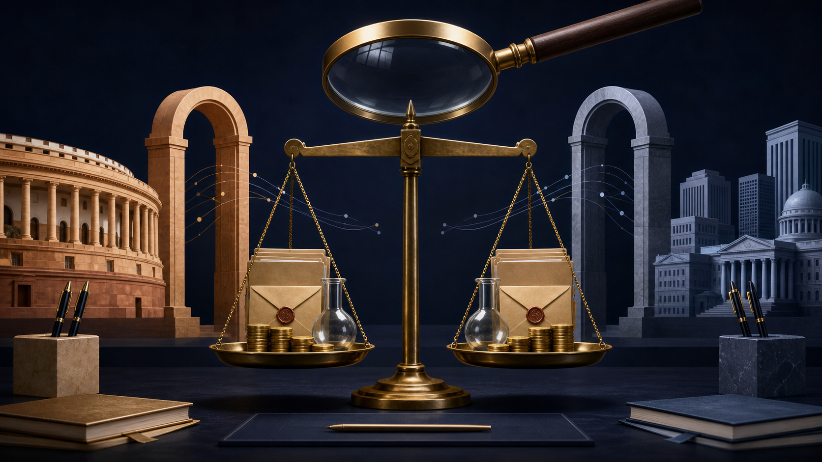 A brass balance scale compares unmarked funding records between Indian and other democratic civic buildings under a magnifying lens.