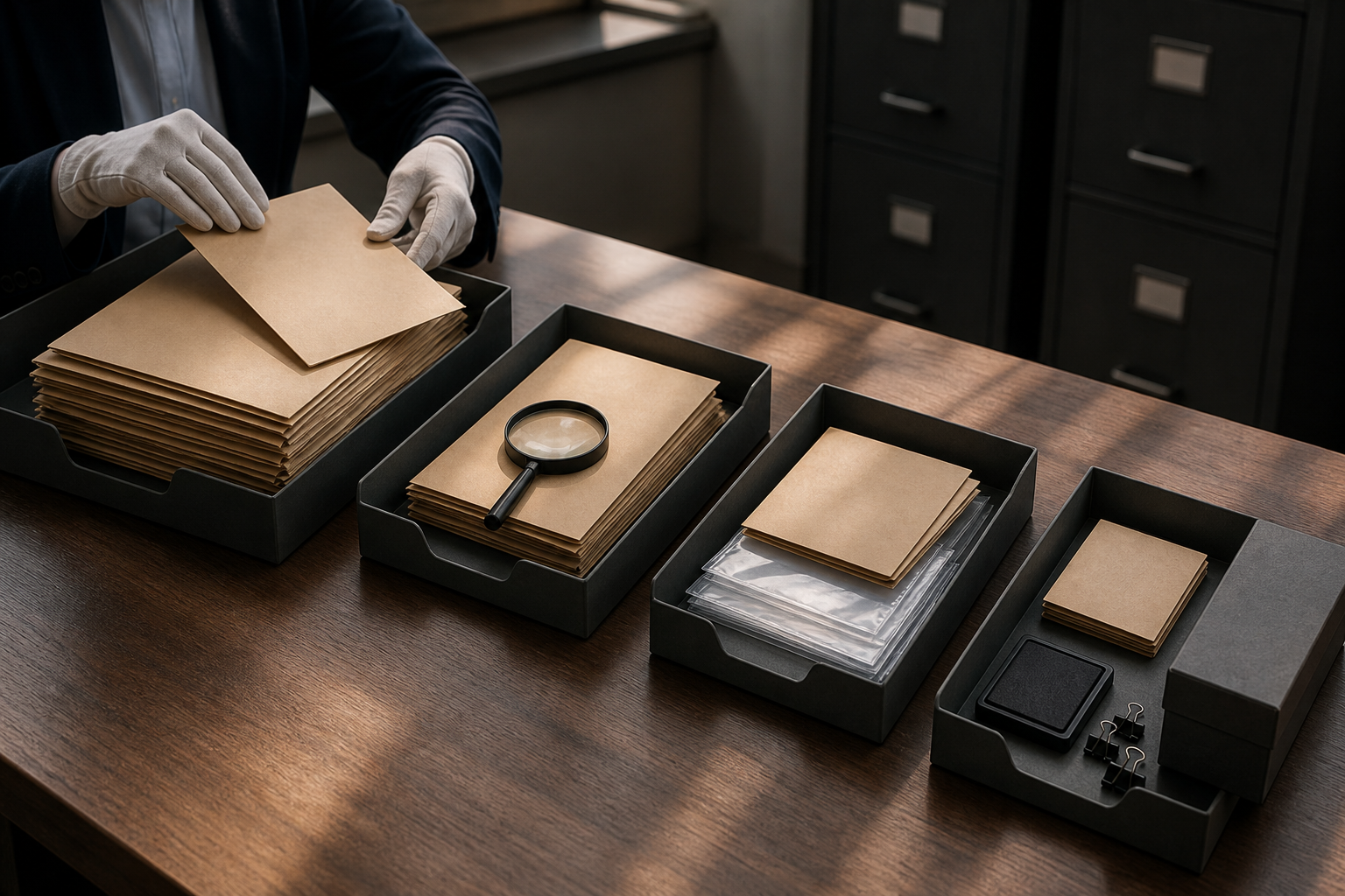 A sequence of shrinking document trays and verification tools represents successive stages of an evidence review.