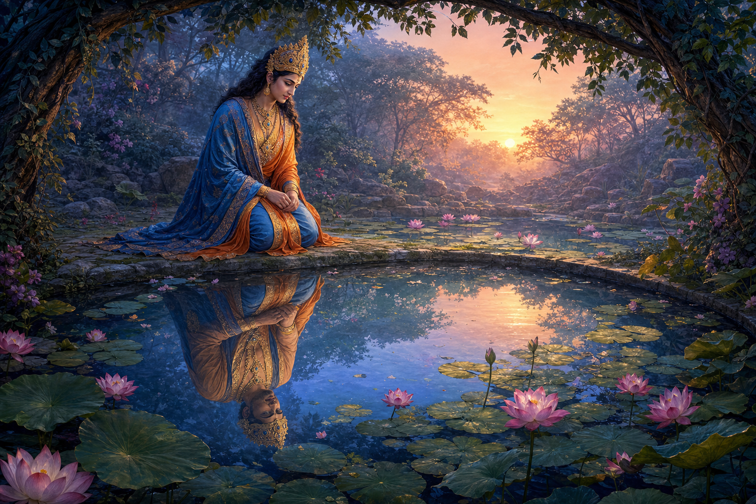 Riksharajas in feminine form kneels beside a lotus pool where the reflection shows the same crowned figure in masculine form.