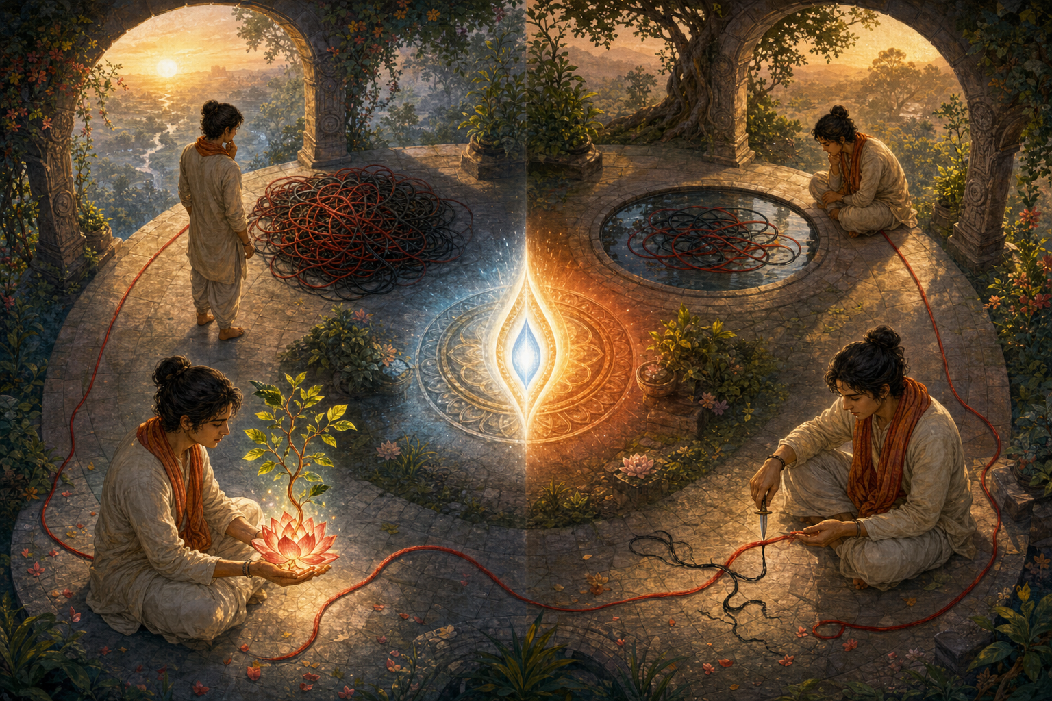 The same seeker pauses, observes tangled threads, cuts one dark binding strand, and protects the remaining red thread as it grows into a lotus and sapling.