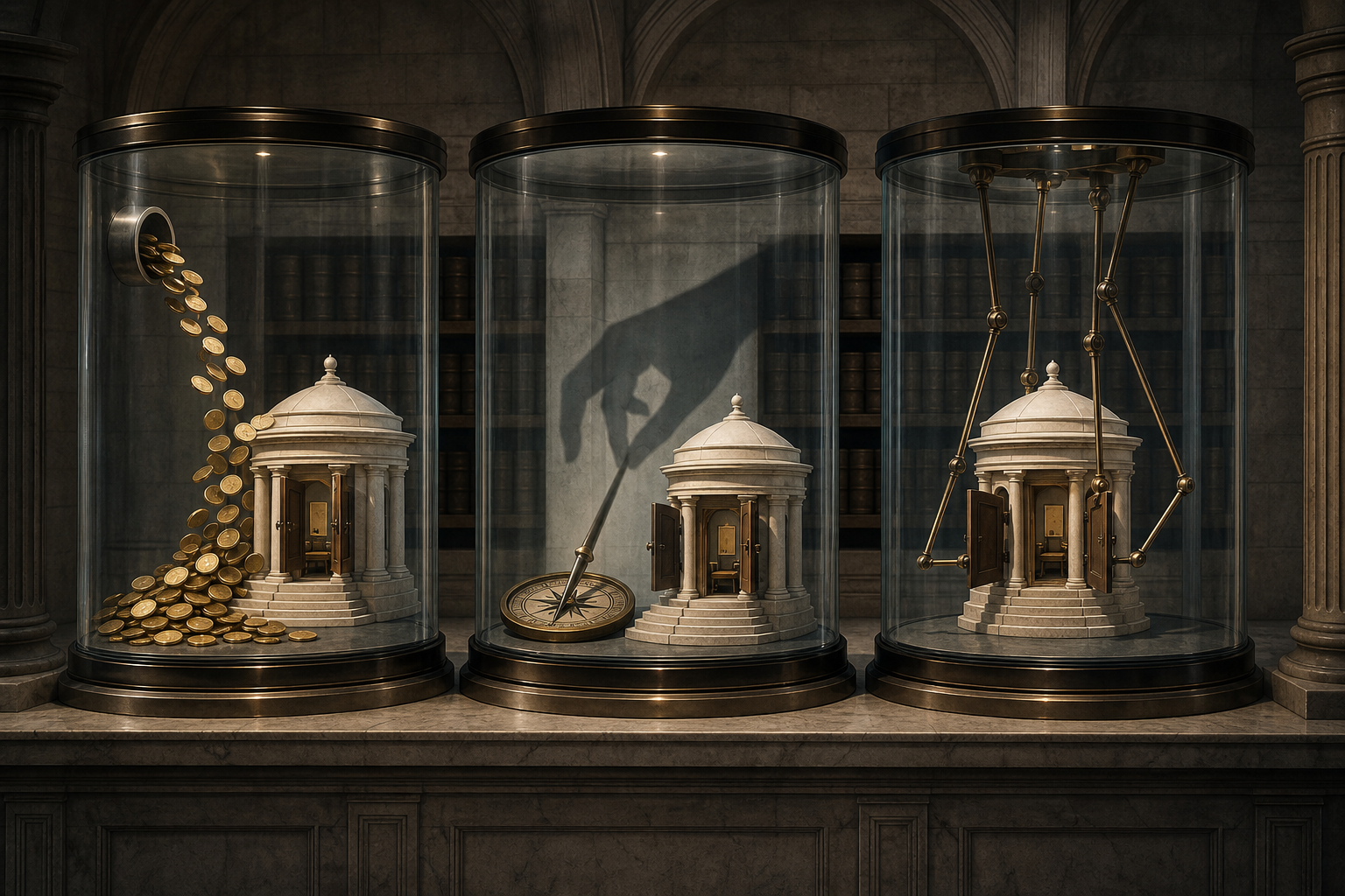 Three glass chambers show foreign money entering an independent organisation, an outside shadow influencing a compass, and control rods operating a civic structure.