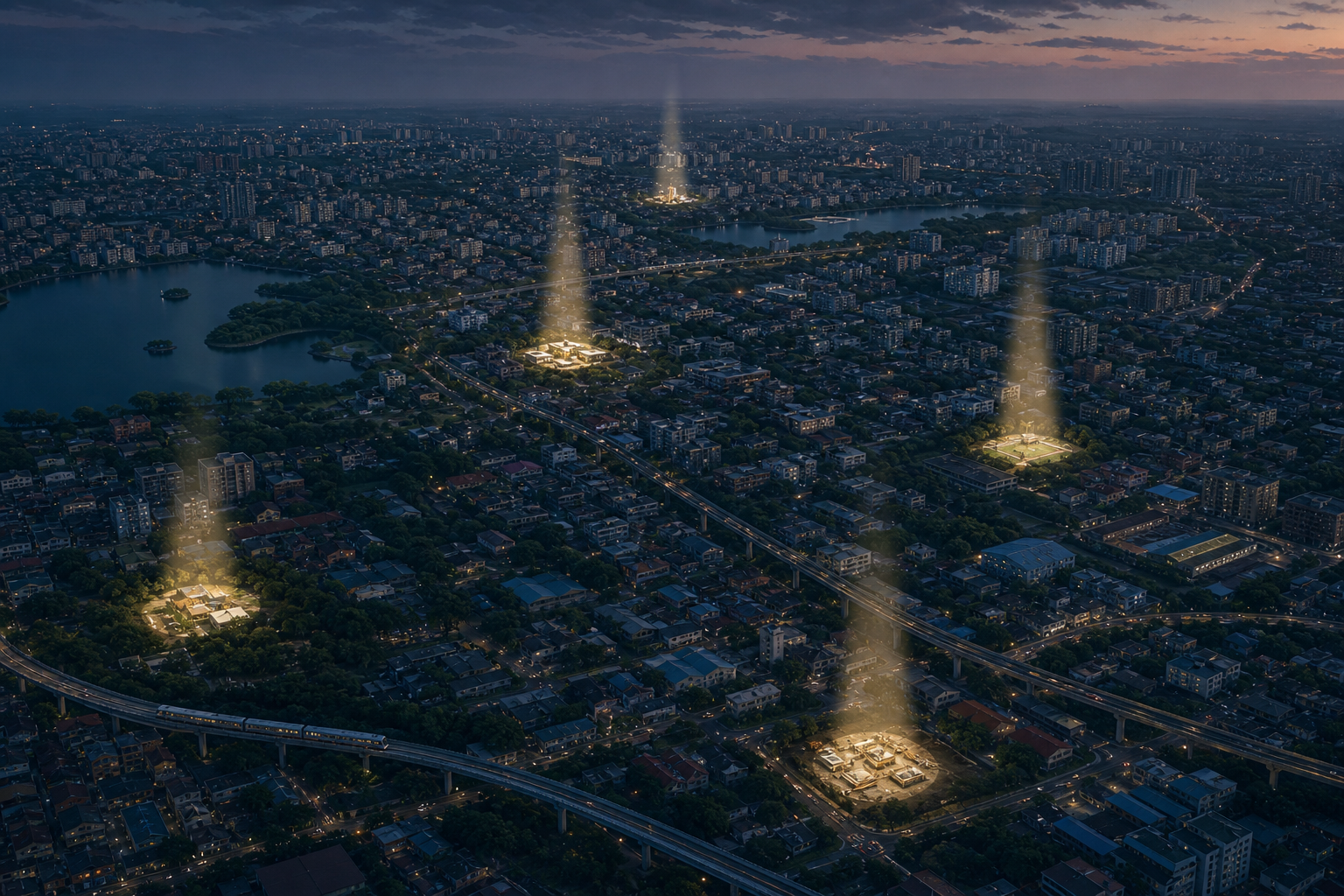 A fictional aerial view of Bengaluru-like neighborhoods with a few isolated areas highlighted by search beams.