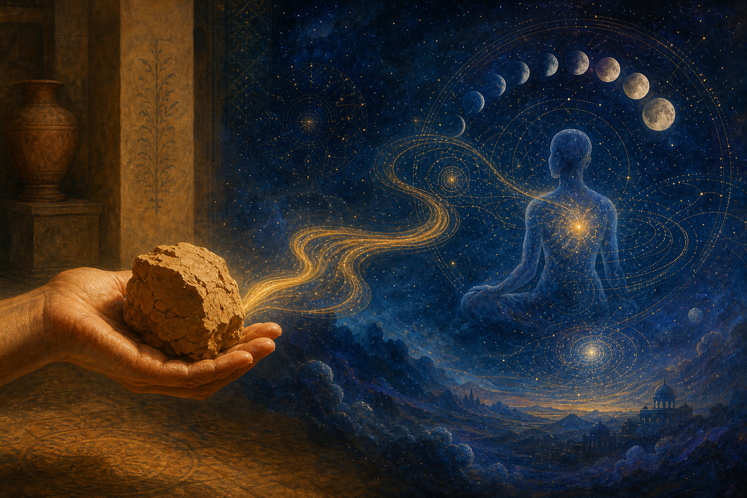 A hand holding clay is connected by golden light to a cosmic scene containing stars, spatial layers, moonlike phases, a translucent person and a small glow.