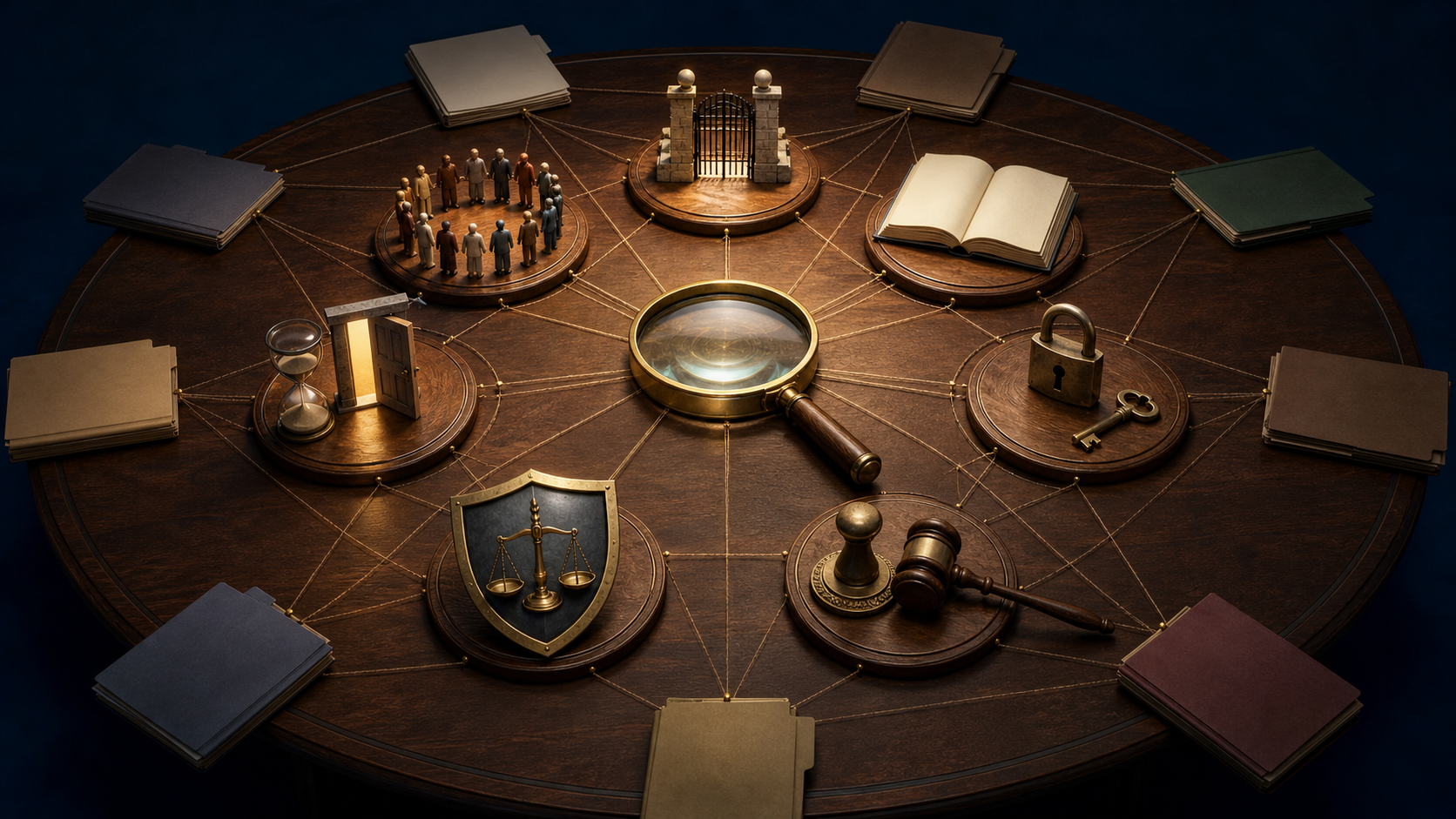 Seven symbolic evidence stations surround a magnifying lens on a legal investigator's table, linked to unmarked country case folders.